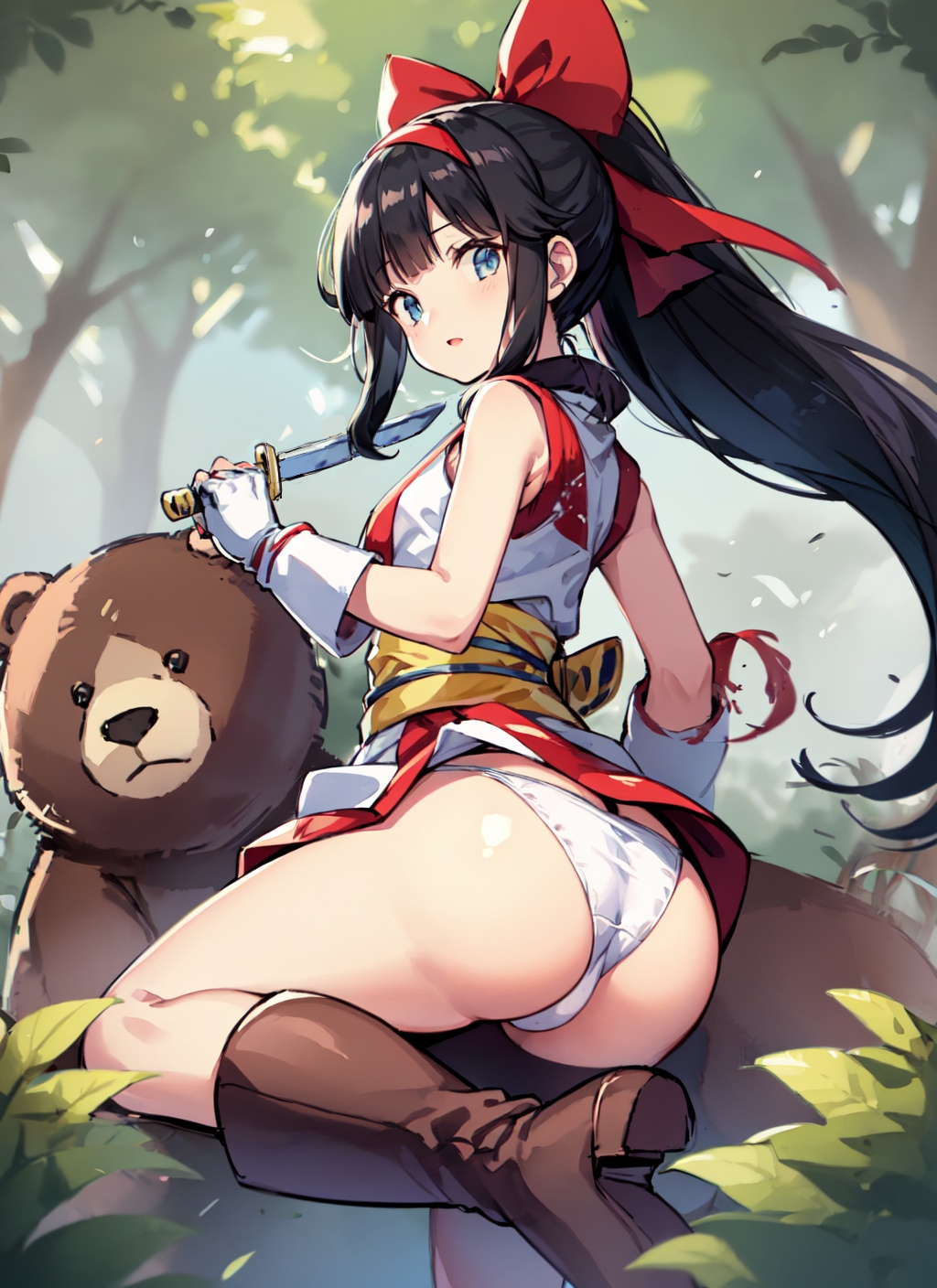 1girls ai_generated alternate_hairstyle ass big_ass black_hair blue_eyes female female_only fingerless_gloves hair_ribbon legs long_hair looking_at_viewer looking_back nakoruru pedobear ponytail samurai_shodown sideboob small_breasts snk thighs virgin weapon white_panties young younger_female