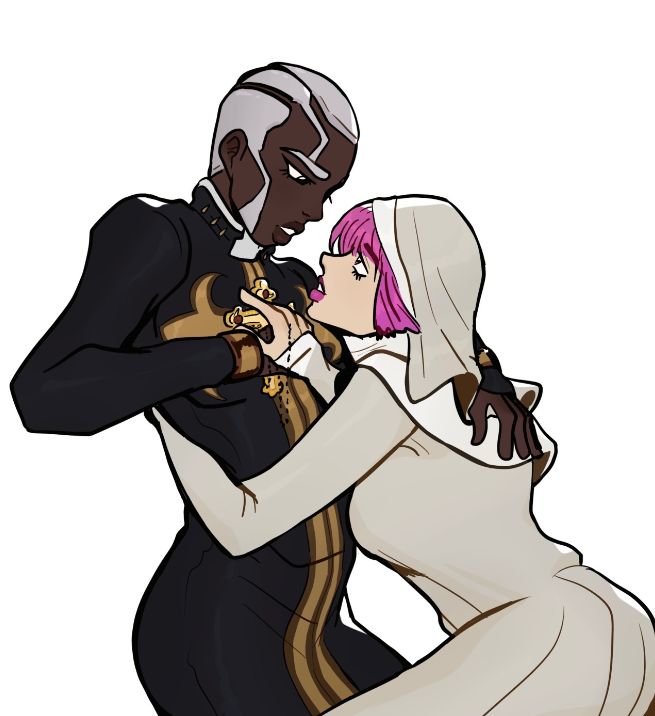 1boy 1girls crucifix dark-skinned_male enrico_pucci female fully_clothed gray_hair holding_each_other holding_object hot_pants_(jjba) jojo's_bizarre_adventure male nun pale-skinned_female pink_hair short_hair steel_ball_run stone_ocean wholesome