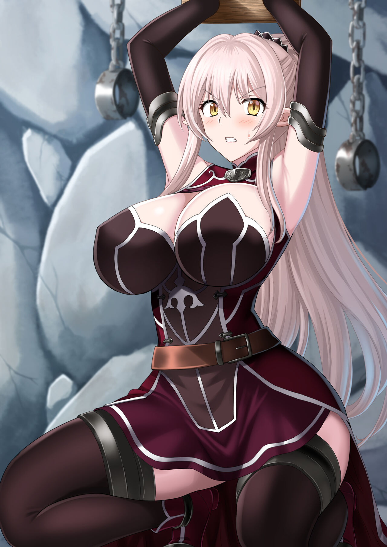 1girls angry ariane_(gaikotsu_kishi-sama_tadaima_isekai_e_o_dekake-chuu) ariane_glenys_maple big_breasts bondage bound bound_wrists breasts busty captured chains cleavage clothed curvaceous curvy curvy_body curvy_female curvy_figure dark_elf defeated defeated_heroine elf elf_ears elf_female elf_girl enormous_breasts female female_focus female_only gaikotsu_kishi-sama_tadaima_isekai_e_o_dekake-chuu gold_eyes hellandheaven huge_breasts looking_at_viewer solo stuck yellow_eyes