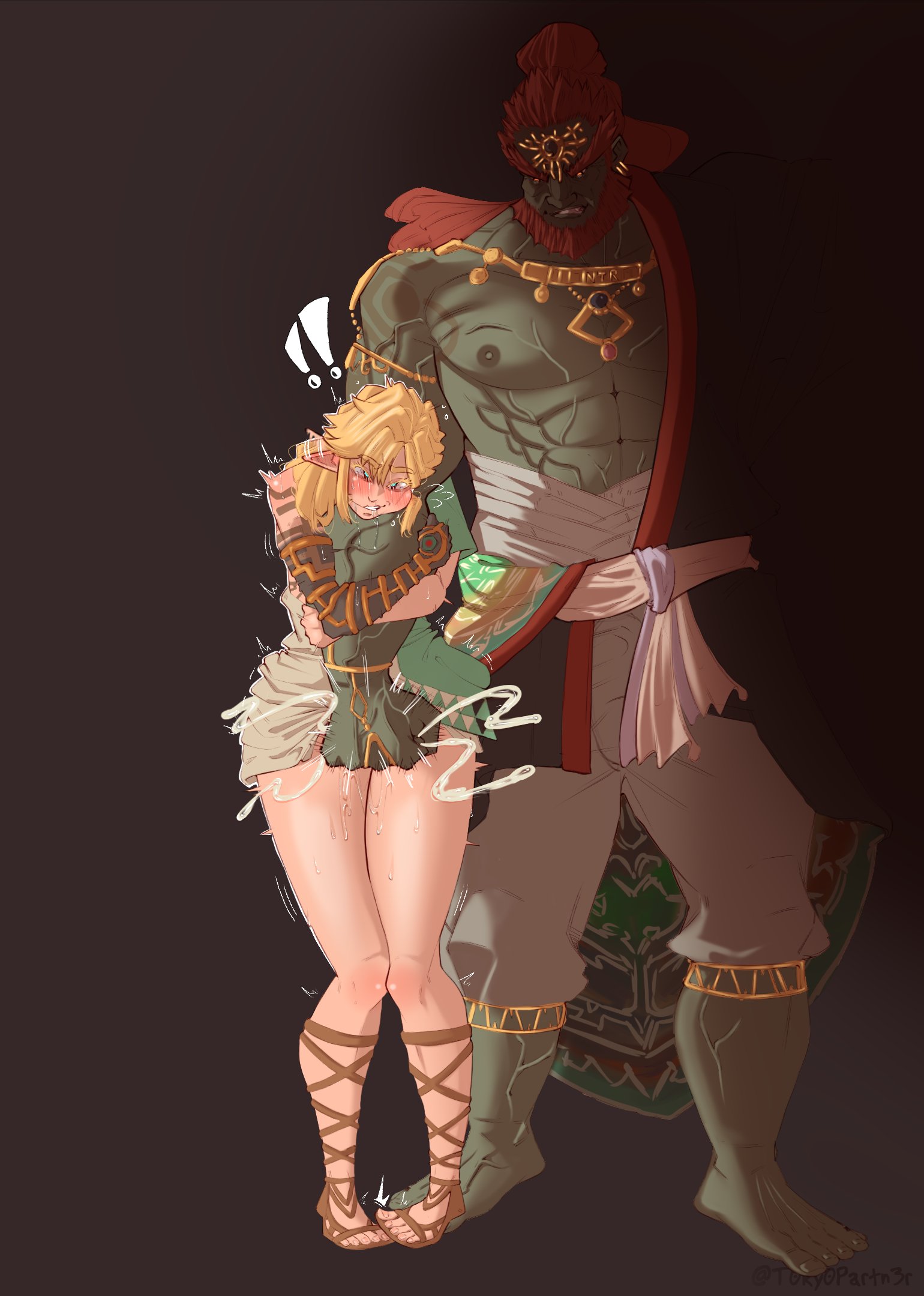 ballbusting, ballbusting orgasm, balls, bulge, clothed, clothing, cock and ball torture, cock and balls torture, elf, femboy, flaccid, ganondorf, ganondorf (tears of the kingdom), gay, green skin, link, link (tears of the kingdom), male, male only, muscles, muscular, muscular male, penis, shivering, squeezing balls, t0ky0partn3r, tagme, tears of the kingdom, the legend of zelda, tokyoplip, yaoi