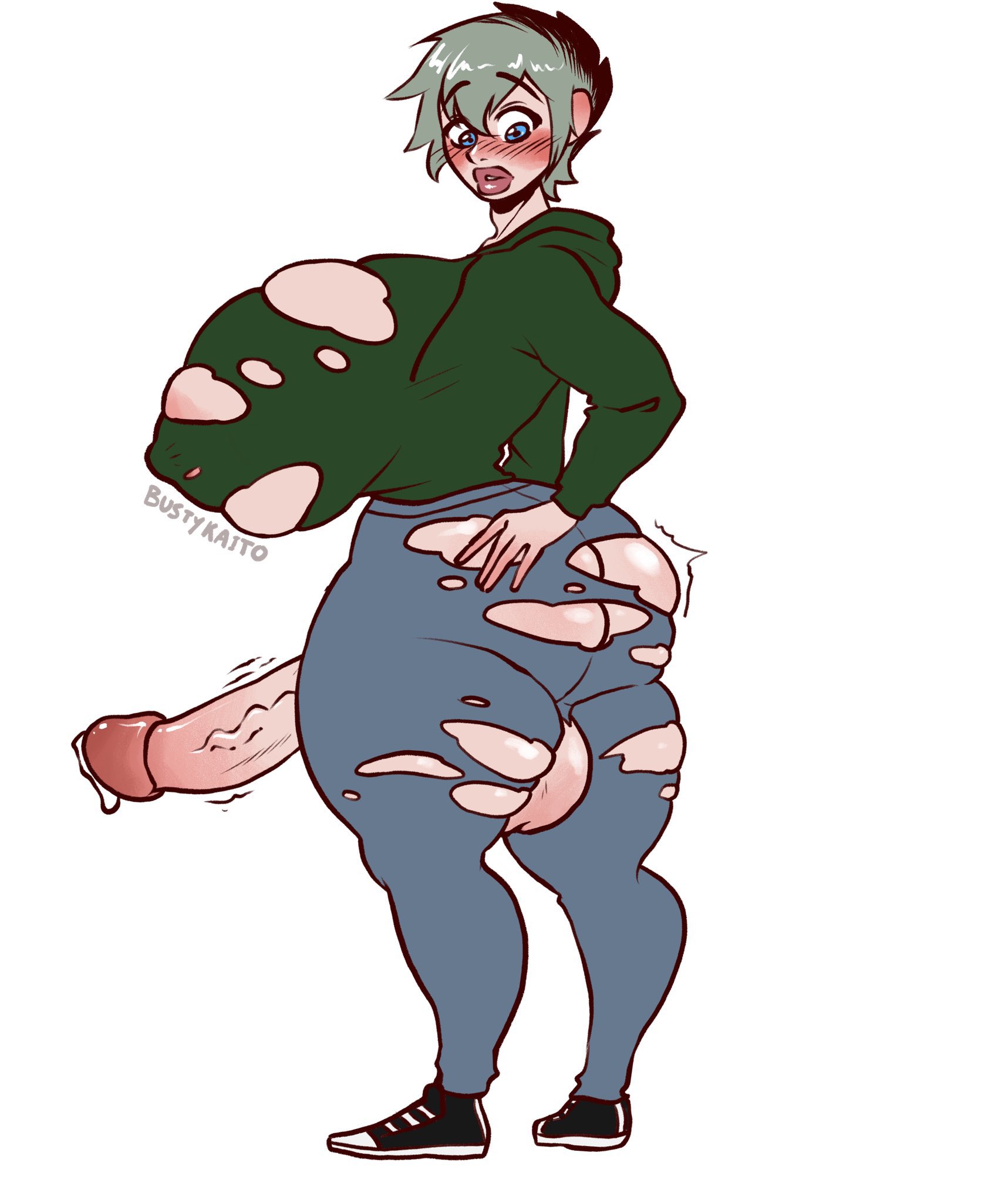 1futa, androgynous, areolae, ass, ass expansion, backsack, balls, ballsack, breast expansion, breast growth, breast growth (enlargement), breasts, breasts bigger than head, bustykaito, clothed, clothing, erection, futanari, genital expansion, genital growth, genital growth (enlargement), giant balls, giant breasts, giant penis, gigantic breasts, hoodie, huge ass, huge breasts, huge cock, human, intersex, light skin, looking back, mostly clothed, nipples, penis, penis expansion, penis growth, penis growth (enlargement), plump lips, precum drip, presumably, ripped clothing, standing, trembling penis, voluptuous