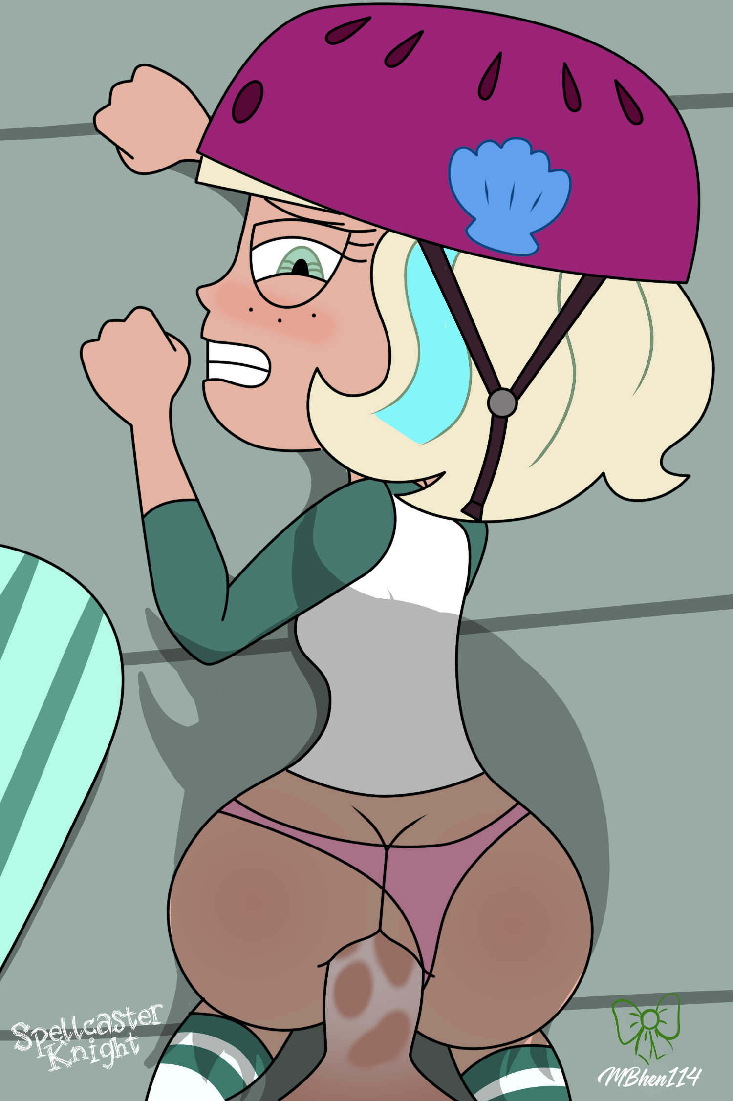 all fours, anal, anal insertion, anal sex, ass, ass focus, blonde, blonde female, blonde hair, cfnm, clothed, clothed female nude male, clothed sex, clothing, disney, disney channel, disney xd, doggy style, female, green eyes, helmet, jackie lynn thomas, looking at viewer, looking back, male, mbhen114, on floor, on ground, panties aside, partially clothed, pink panties, pov, skateboard, spellcaster knight, star vs the forces of evil, tan-skinned female, white female, worried, worried expression, worried face, worried look