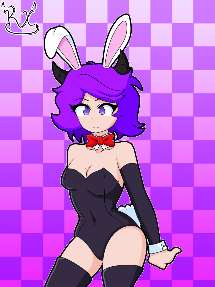 1girls armwear background bunny_ears bunny_tail bunnysuit female female_only happy horns k3iberx lila_(superpoly) lilac_hair posing purple_eyes roblox roblox_game self_upload simple_shading solo superpoly tagme