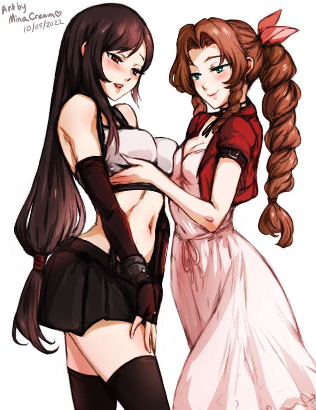 2girls, aerith gainsborough, brown hair, brown-haired female, female, female only, final fantasy, final fantasy vii, minacream, square enix, tagme, tifa lockhart, yuri