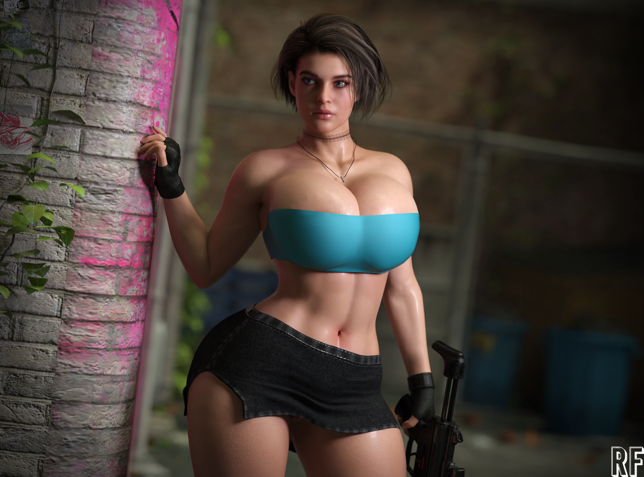 1girls, 3d, 3d (artwork), alternate breast size, big breasts, blue eyes, breasts, busty, cleavage, dark hair, earrings, female, female only, fingerless gloves, gloves, huge breasts, jill valentine, jill valentine (sasha zotova), large breasts, looking at viewer, midriff, miniskirt, muscles, muscular, muscular arms, muscular female, necklace, neckwear, outdoors, outside, pinup, resident evil, resident evil 3, resident evil 3 remake, rude frog, short hair, skirt, solo, solo female, standing, tagme, thick thighs, thighs, topwear, tubetop