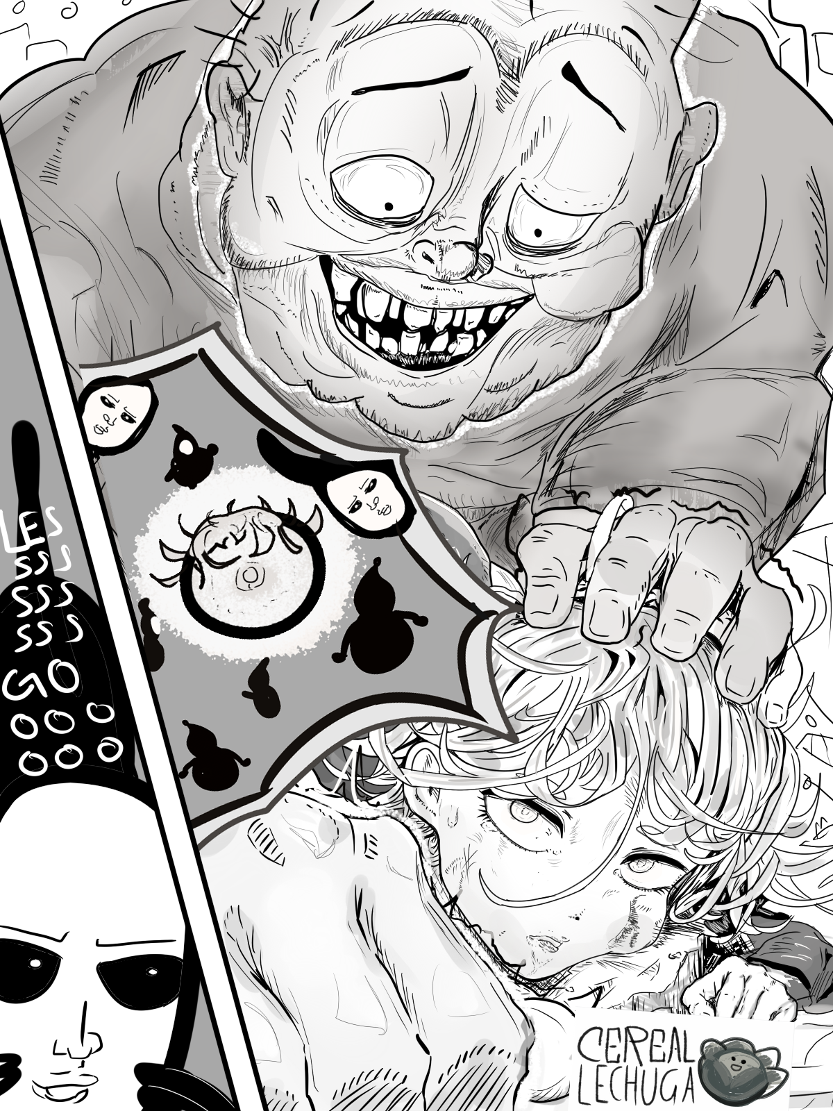 1boy, 1girls, 2boys, black sperm, breasts, cereal lechuga, female, fuhrer ugly, male, monochrome, monster, one-punch man, small breasts, tatsumaki