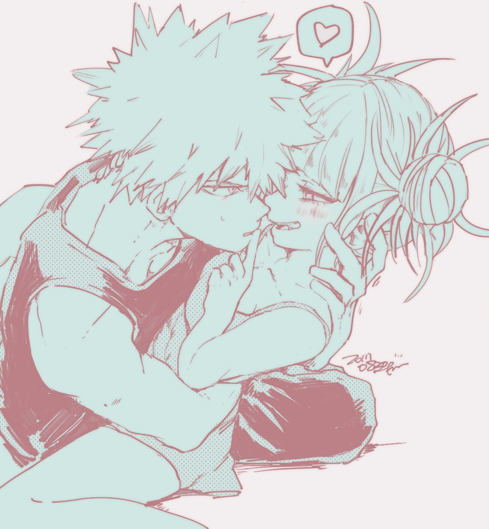 1boy, 1girls, arm around partner, arm around waist, face-to-face, female, finger on lip, heart, hero, hero on villainess, himiko toga, holding partner, hugging, ikapnmn2, katsuki bakugou, male, male/female, my hero academia, on lap, sitting on lap, spiky hair, straight, suggestive, tank top, villain, villainess