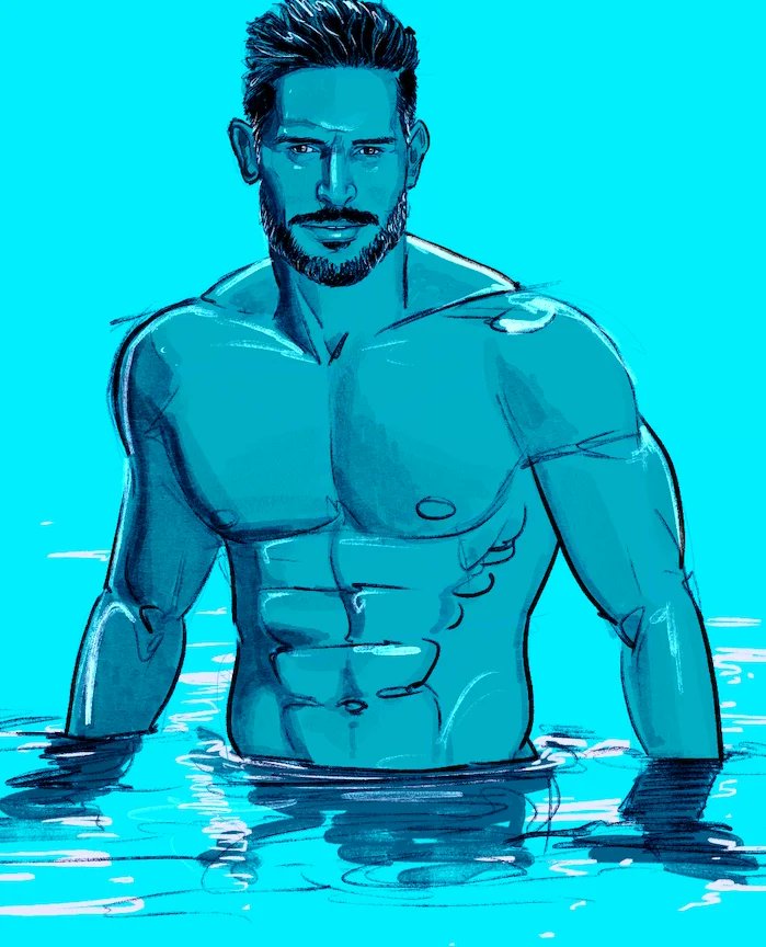 1boy abs actor bara biceps blue celebrity daddy ego_rodriguez in_water joe_manganiello looking_at_viewer male male_only muscle muscles muscular muscular_male outdoors outside pecs real_person smooth_chest smooth_skin solo solo_male