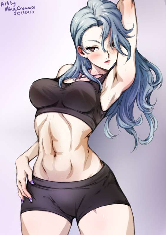 1girls, abs, armpits, atlus, booty shorts, female, minacream, persona, persona 5, sae niijima, solo, solo female, sports bra, tagme, workout clothes