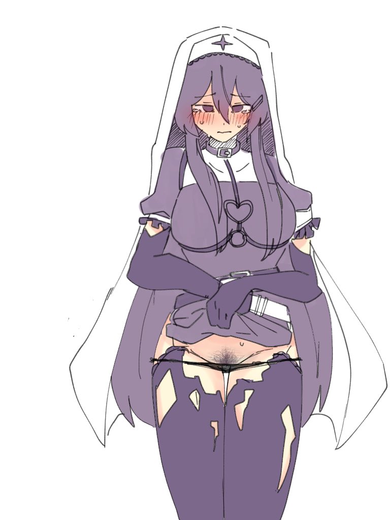 black_panties blush blush_lines breasts damaged_clothes doki_doki_literature_club kentylevel long_hair nun panties panties_down pubic_hair purple_eyes purple_hair purple_pubic_hair torn_clothes torn_clothing yuri_(doki_doki_literature_club)