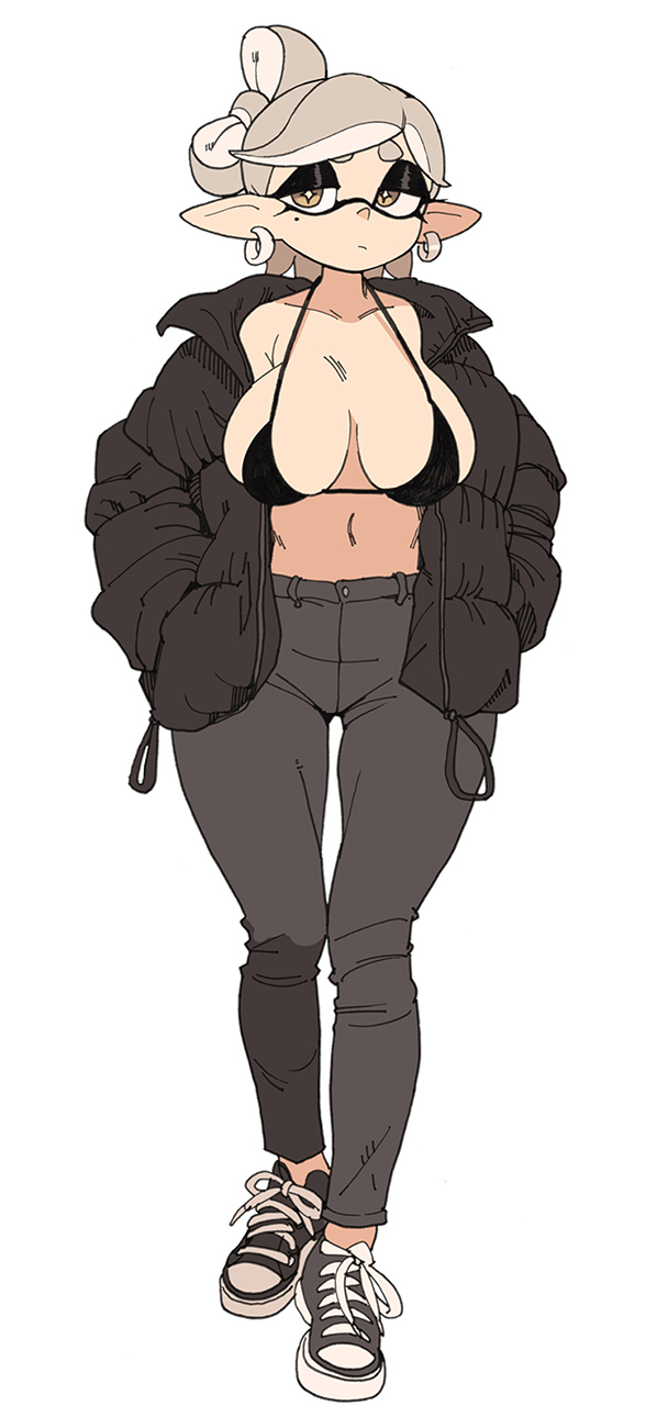 1girls, bikini, bikini top, breasts, facial markings, female, hips, huge breasts, inkling, jacket, light skin, light-skinned female, marie (splatoon), nintendo, pants, pointy ears, splatoon, splatoon (series), thick thighs, thighs, tied hair, white hair, wide hips, yellow eyes, yuta agc