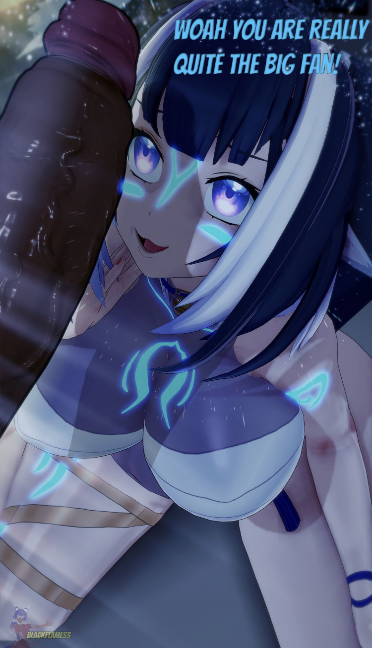 3d, blackflames3, dark skin, dark-skinned male, female, fish, glowing, imminent sex, indie virtual youtuber, interracial, light skin, light-skinned female, male, orca, penis, penis awe, purple eyes, shylily, straight, tattoos, virtual youtuber