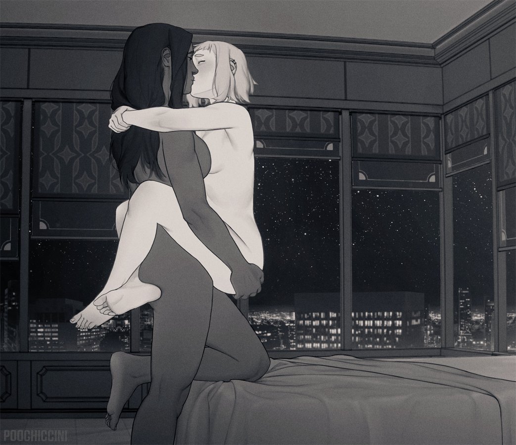 2girls, arms around partner, bed, bedroom, blush, breast press, breasts, carrying, carrying partner, cute, detailed background, ear piercing, female, holding partner, humanized, imminent sex, interracial, kissing, lesbian, marina (splatoon), monochrome, naked, nude, nude female, passionate, pearl (splatoon), poochiccini, romantic, size difference, splatoon, splatoon (series), splatoon 2, wholesome, yuri