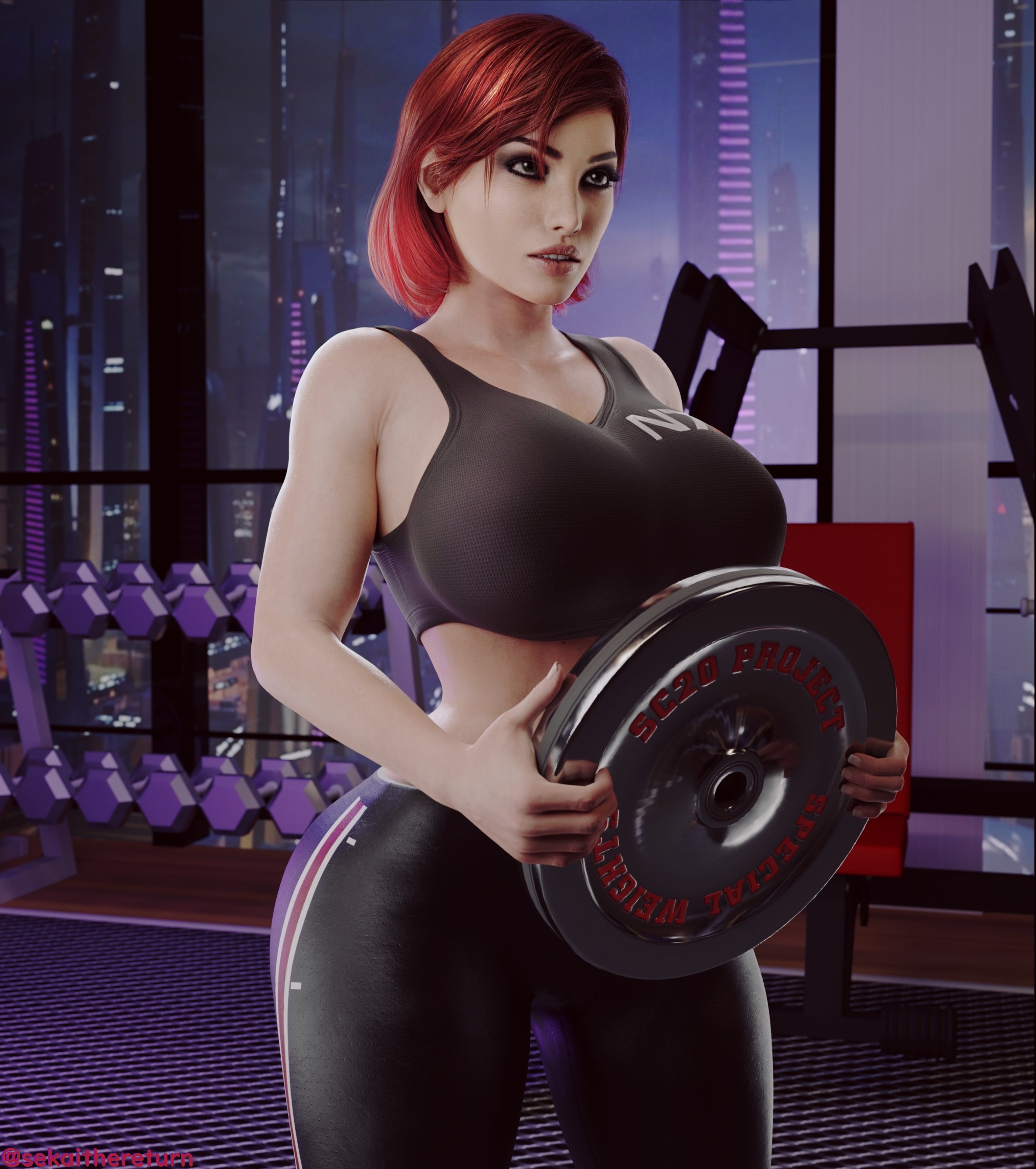 1girls, 3d, commander shepard, female, female only, femshep, gym, jane shepard, leggings, mass effect, red hair, sekaithereturn, solo, solo female, sports bra, tagme, weights