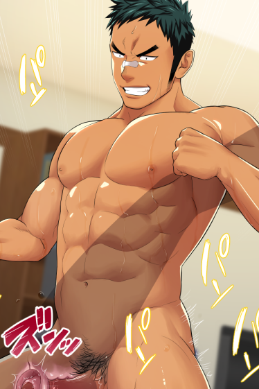 2boys abs anal bara completely_nude dark-skinned_male dark_skin erection grin groin hinomaru_zumou indoors invisible_man itto_(mentaiko) kunisaki_chihiro large_pectorals leg_grab long_sideburns male male_focus male_only male_pubic_hair motion_lines multiple_boys muscular muscular_male navel nipples nose_tape nude pectorals pubic_hair sex short_hair sideburns smile solo_focus spread_legs stomach sweat thick_thighs thighs translation_request yaoi