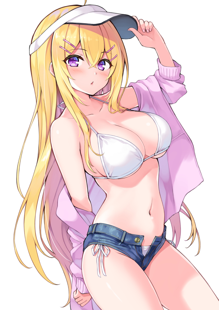 1girls cap character_request cu-no hakurei_botan hisen_kaede large_breasts long_hair original purple_eyes swimsuit yellow_hair