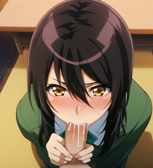 1boy 1girls ai_generated ayuzawa_misaki blowjob brown_hair cute eye_contact fellatio kaichou_wa_maid-sama! kneeling oral pov school_uniform teenager yellow_eyes