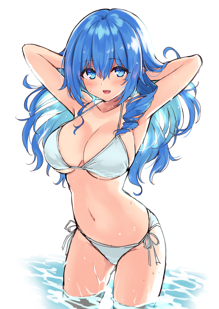 1girls blue_eyes blue_hair character_request cu-no hisen_kaede kohitsuji_ai large_breasts original swimsuit water wet