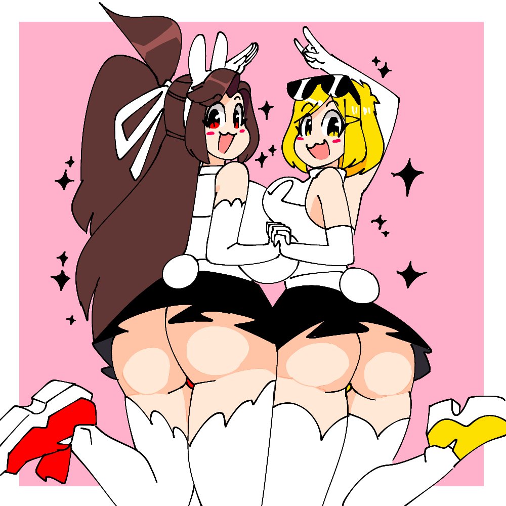 2girls ass_focus big_breasts brown_hair bunny_ears bunny_tail female female_only hakkim_animation mikkah_(hakkim_animation) misha_(hakkim_animation) posing_for_the_viewer red_eyes short_skirt stockings sunglasses_on_head tied_hair yellow_eyes yellow_hair