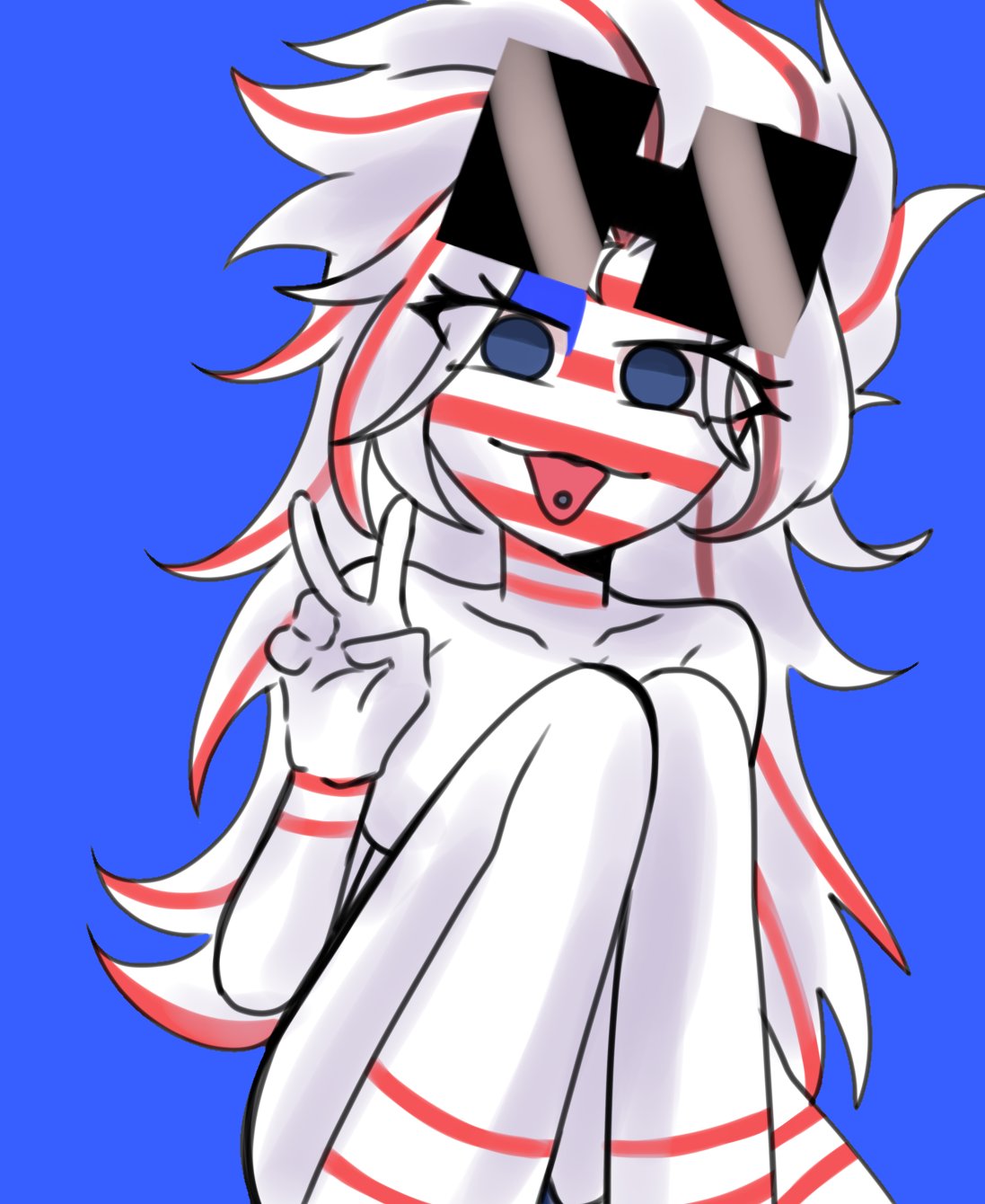 1girls blue_background blue_eyes censored censored_breasts censored_genitalia censored_nipples censored_pussy censored_vagina convenient_censoring countryhumans countryhumans_girl female female_only long_hair multicolored_body multicolored_hair simple simple_background sunglasses tongue_out united_states_of_america_(countryhumans) white_body white_skin