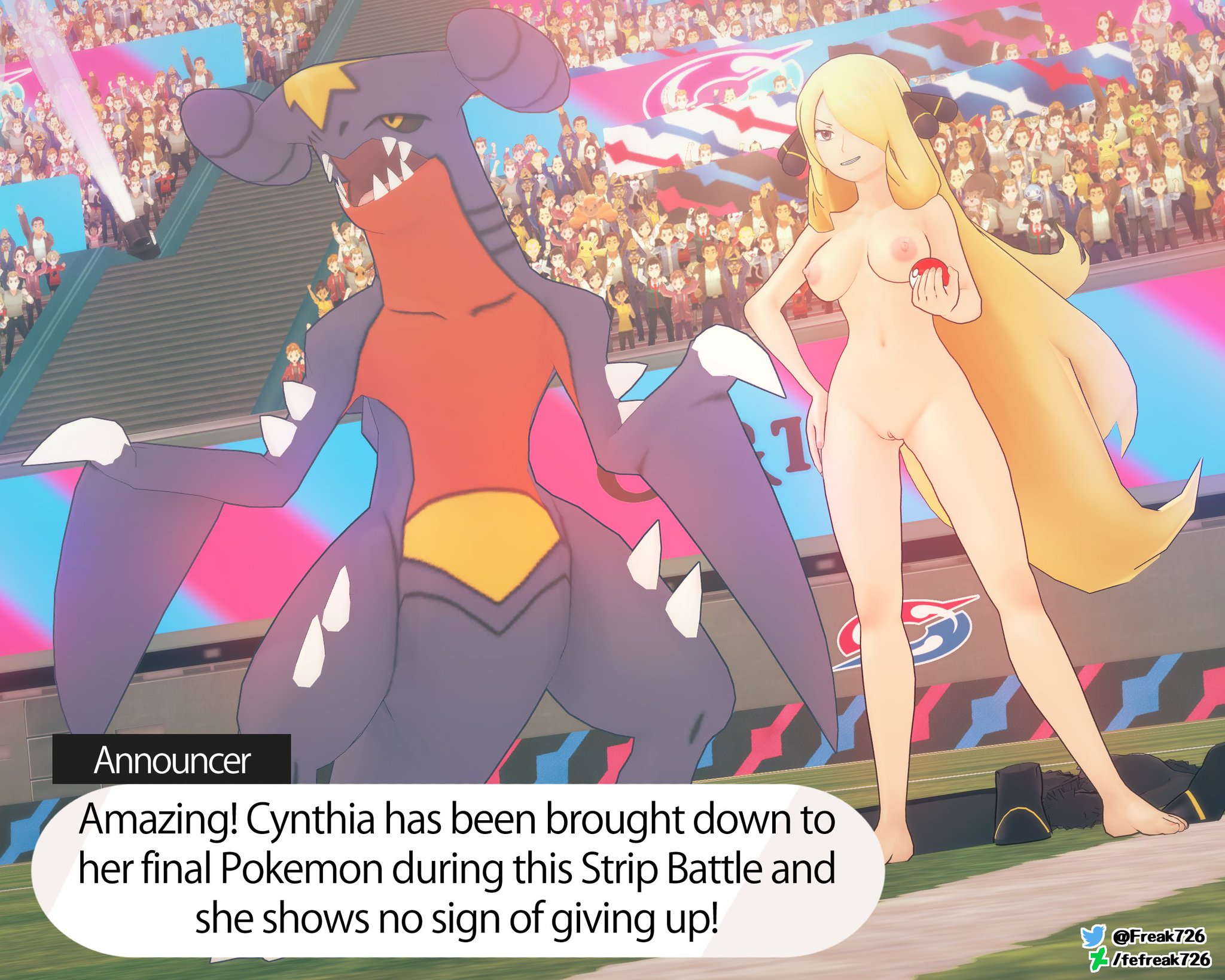 3d, breasts, casual, cynthia (pokemon), fefreak726, female, garchomp, human, nude, nudist, pale skin, pokemon, pokemon (species), public, pussy