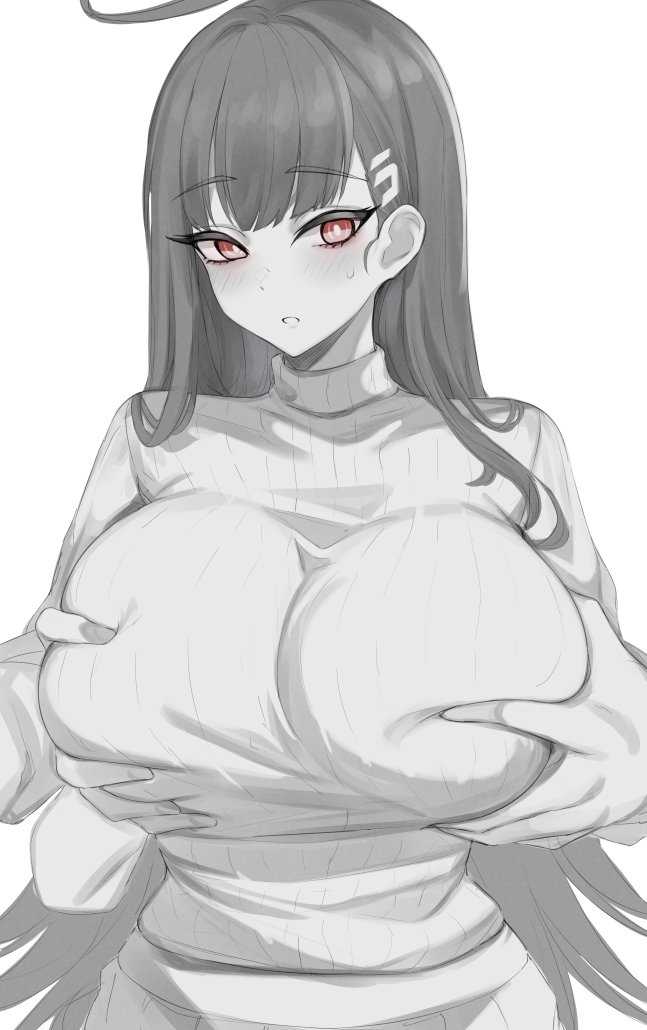 1boy, blue archive, blush, breasts, bright pupils, female, grabbing, grabbing another's breast, greyscale, hair ornament, hairclip, halo, kuavera, large breasts, long hair, male, millennium science school student, monochrome, red eyes, ribbed sweater, rio (blue archive), seminar (blue archive), spot color, straight, sweatdrop, sweater, turtleneck, turtleneck sweater, very long hair, white pupils