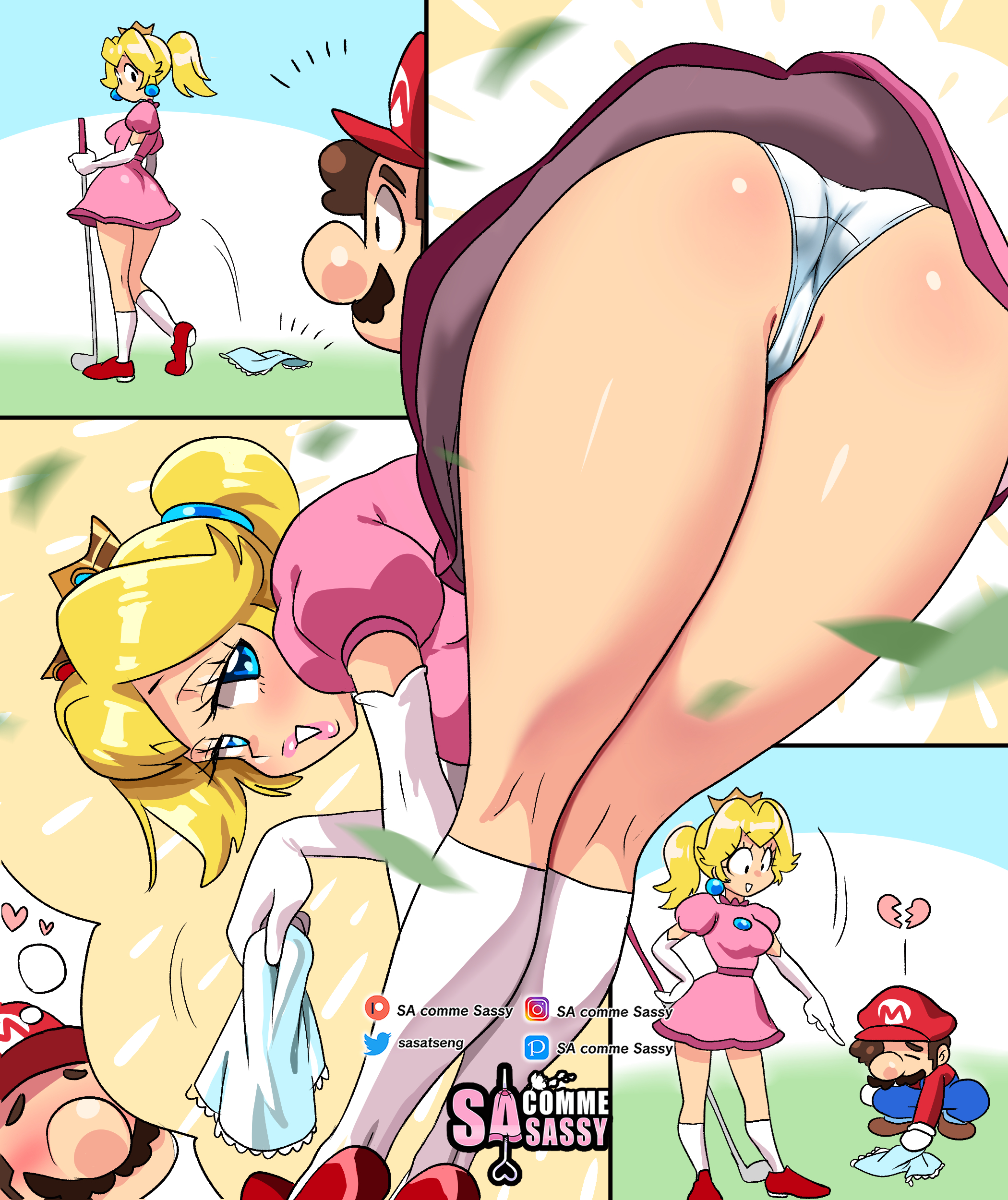 1boy, 1girls, ass, bent over, blonde hair, blue eyes, comic, dress, female, female focus, hi res, long hair, looking at viewer, male, mario, mario (series), mario golf, nintendo, outdoors, panties, pink dress, ponytail, princess peach, sasatseng, short dress, smiling, smiling at viewer, thick thighs