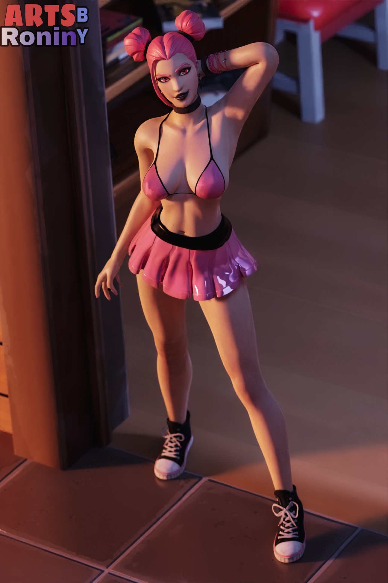 1girls 3d arms_behind_head artsbyronin bikini bikini_top blender breasts buns choker cleavage clothed clothing detailed_background epic_games female female_focus female_only fortnite hairband hands_behind_head haze_(fortnite) light-skinned_female light_skin looking_at_viewer looking_up medium_breasts pink_bikini pink_bikini_top pink_eyes pink_hair pink_skirt shadow shoes skirt solo solo_focus standing sunlight sunset surf_witch_(fortnite) topwear watermark