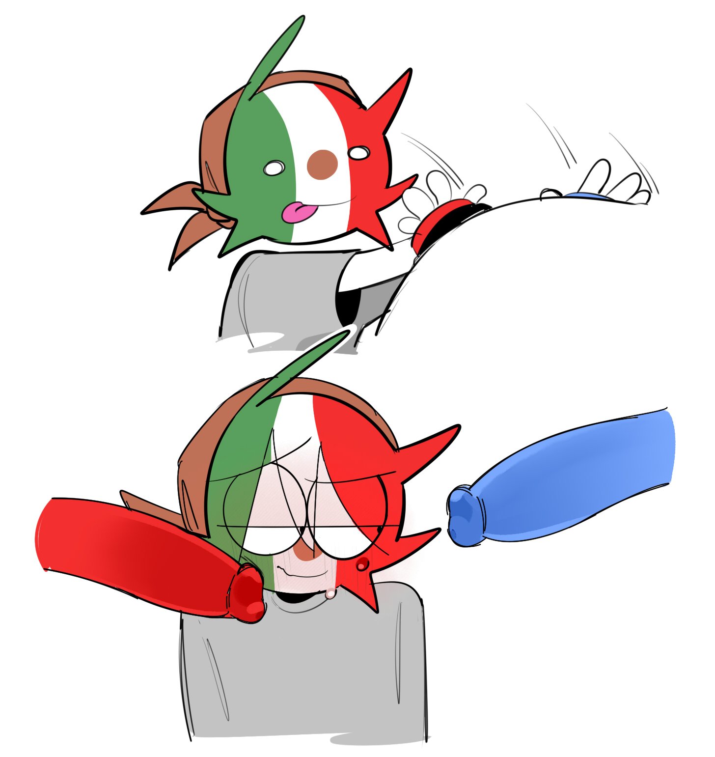 3boys, ailewzol, argentina (countryhumans), blue penis, clothing, countryhumans, gay, gay sex, hat, long penis, male, male only, mexico (countryhumans), penis, red penis, simple background, sweat, united states of america (countryhumans), white background, yaoi