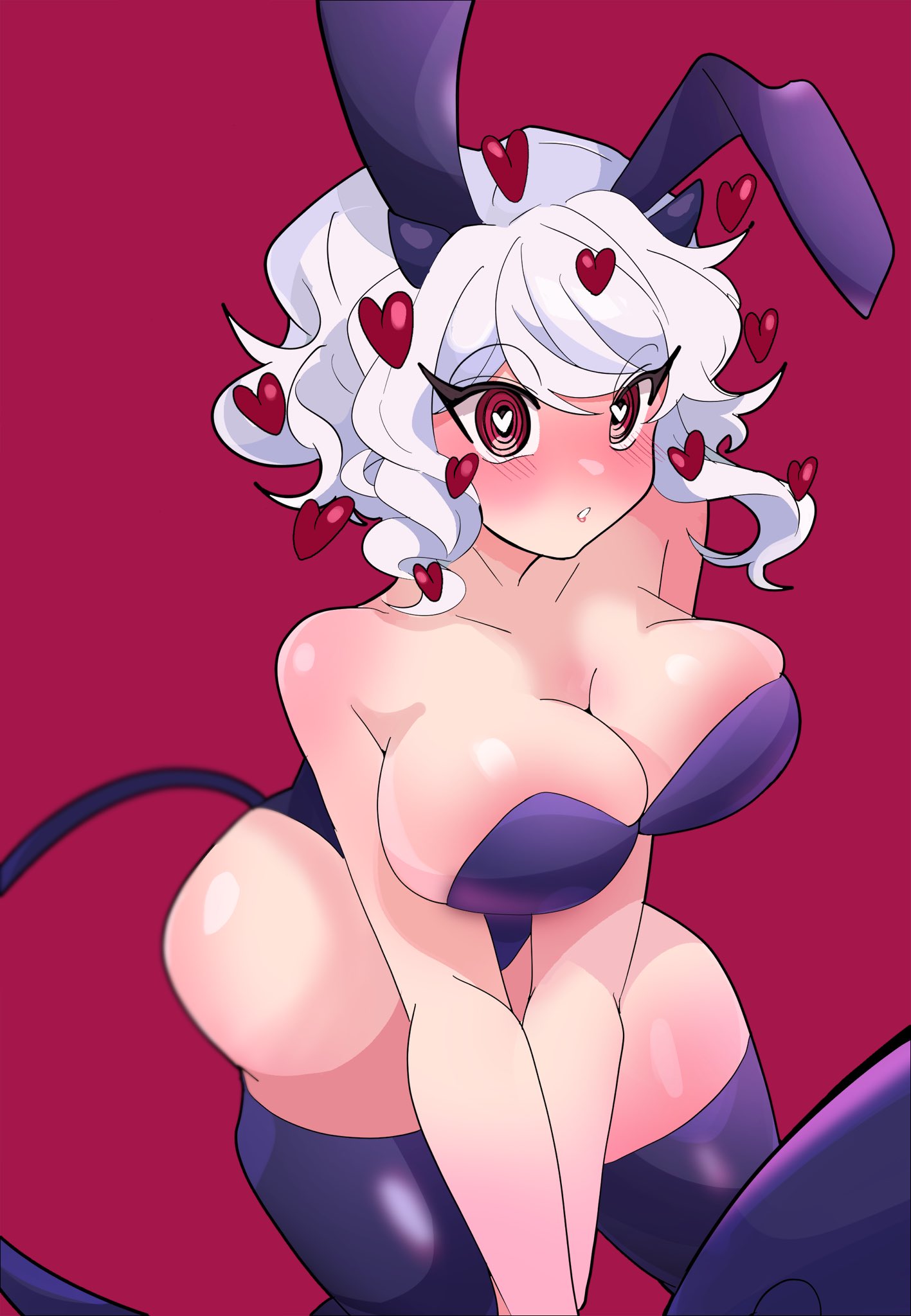 1girls blush bunny_ears bunnysuit demon demon_girl female female_only heart-shaped_pupils helltaker horns light-skinned_female light_skin modeus_(helltaker) red_eyes satoro301 tail thick_thighs thighhighs white_hair