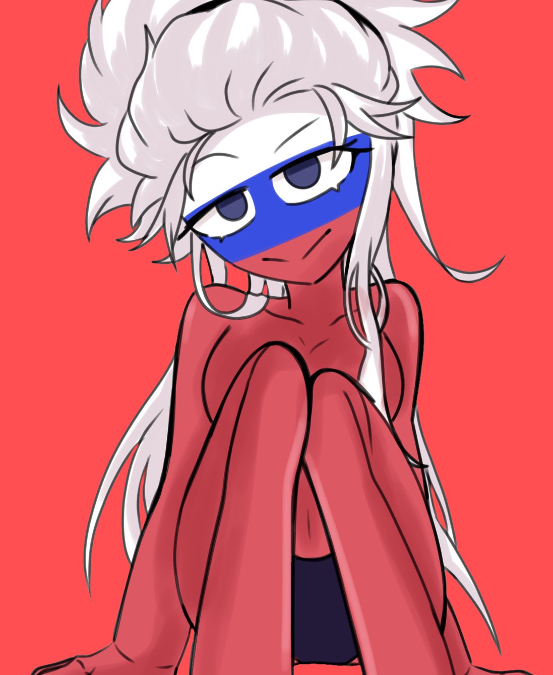 1girls blue_eyes censored censored_breasts censored_nipples convenient_censoring countryhumans countryhumans_girl covered_breasts female red_background russia_(countryhumans) shorts simple simple_background white_hair