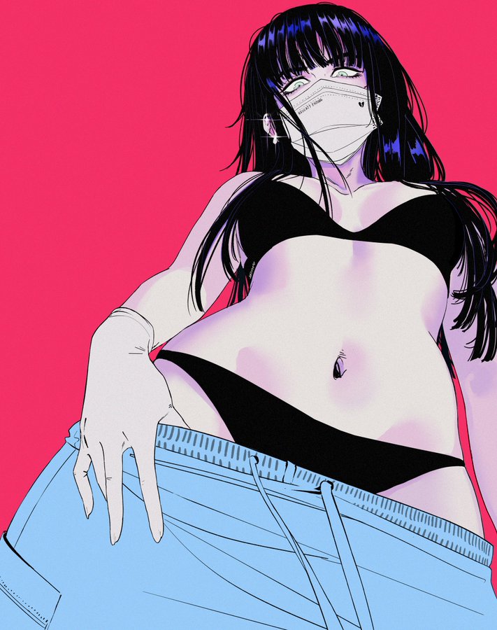 belly button, black hair, black underwear, earrings, face mask, female, gloves, grey eyes, heart, light skin, light-skinned female, long hair, looking at viewer, looking down, medical gloves, nurse, nurse vo, partially clothed, project zomboid, pulling down pants, shiny hair, solo female, white gloves