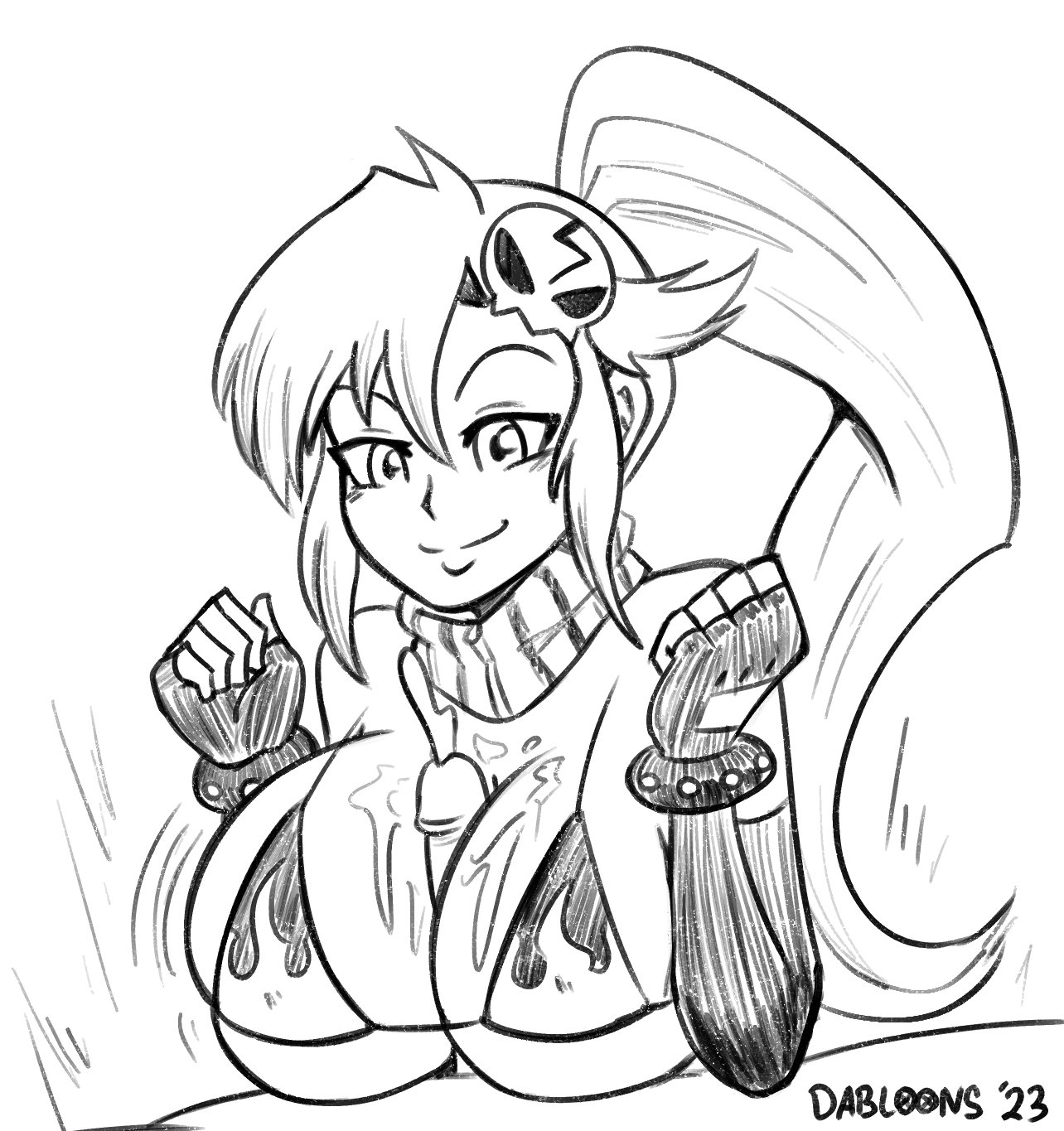 1boy, 1girls, bra, bracelet, breasts, cum, dabloons, female, fingerless gloves, large breasts, male, paizuri, penis, ponytail, scarf, tengen toppa gurren lagann, yoko littner