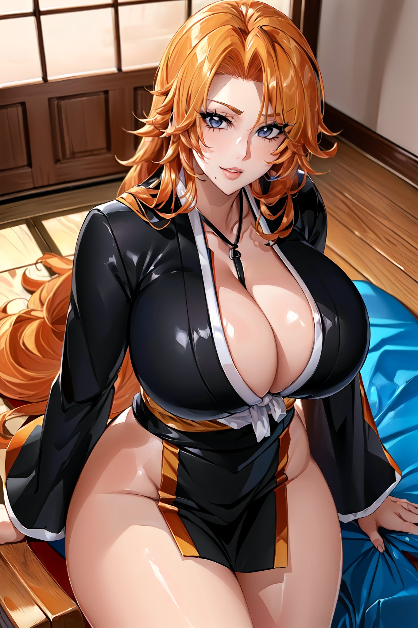 1girls, ai generated, bleach, breasts, curvaceous, curvy body, curvy female, female, female focus, female only, huge breasts, long hair, matsumoto rangiku, mature female, mommy, orange hair, solo female, solo focus, stable diffusion, voluptuous, voluptuous female
