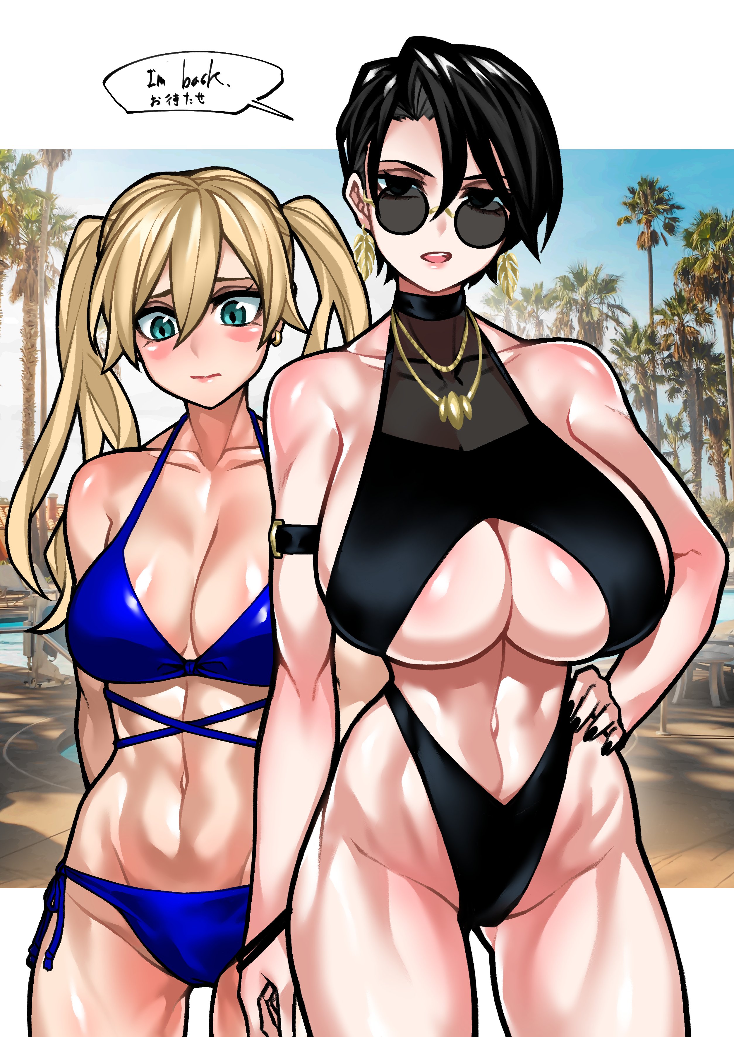 2girls, big breasts, bikini, blonde hair, breasts, cleavage, curvy, dark hair, earrings, female, female only, hand on hip, huge breasts, light skin, light-skinned female, looking at viewer, mature female, original, pale skin, pale-skinned female, pool, poolside, short hair, sunglasses, swimsuit, toned, toned female, twintails, underboob, wide hips, yuto noirm08