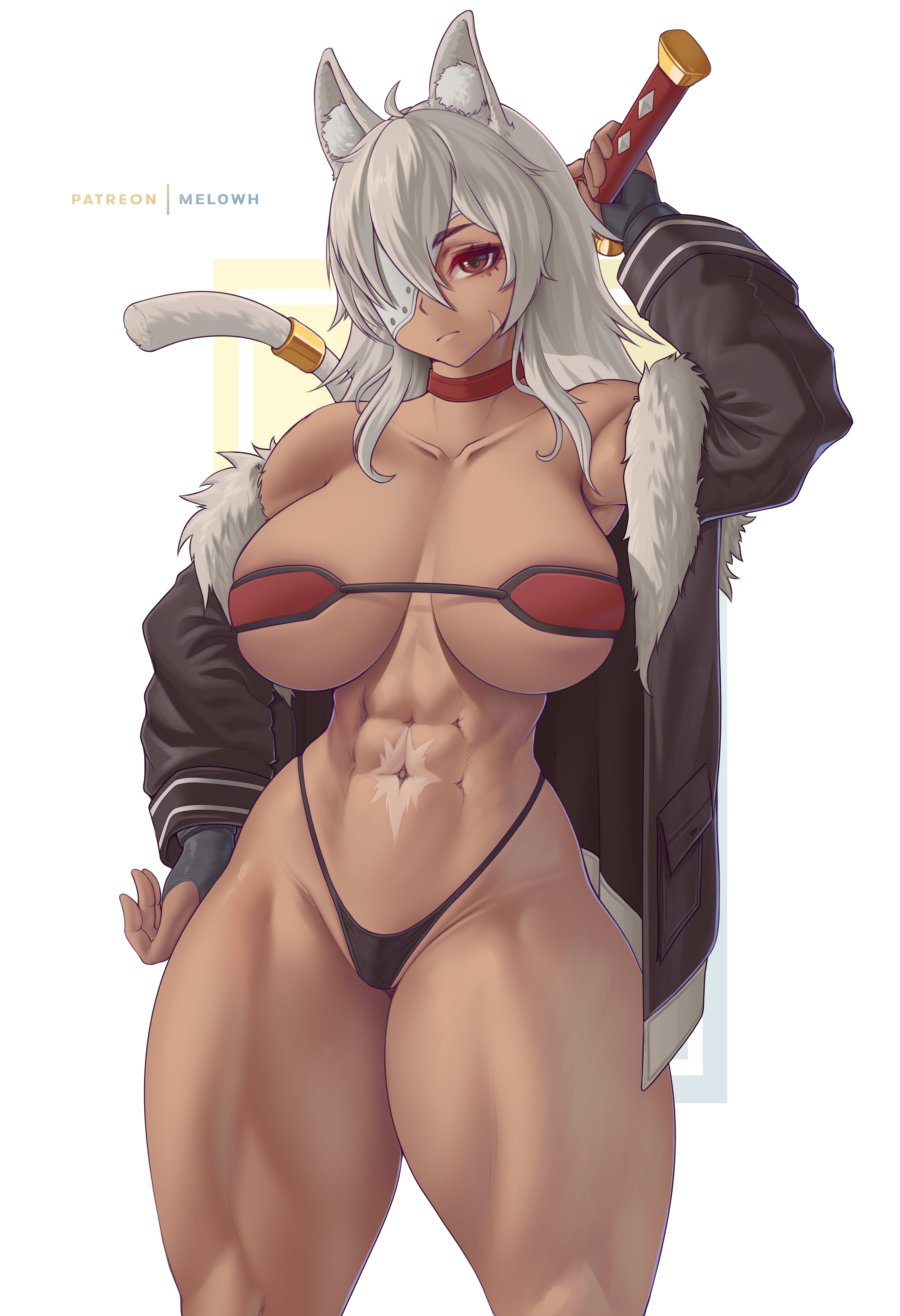 1girls, abs, breasts, cat ears, cat girl, catgirl, dark skin, dark-skinned female, eyepatch, female, female only, ghislaine dedoldia, huge breasts, long hair, melowh, mushoku tensei, red eyes, revealing clothes, thick thighs, white hair, wide hips