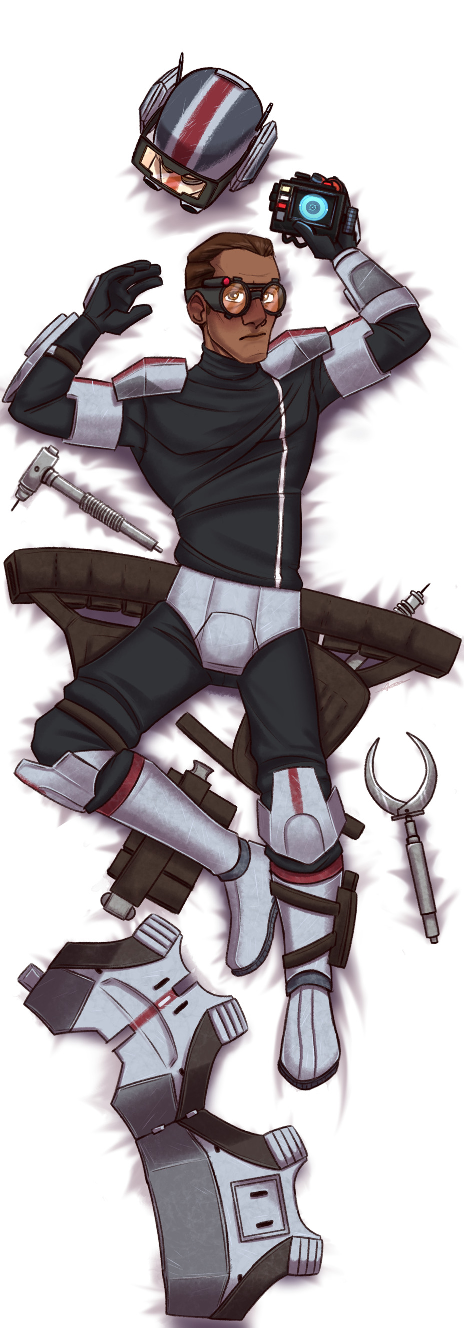 1boy, annoyed, arm above head, armor, arms up, body pillow, clone trooper, clone wars, cute, dakimakura, frown, gear, grumpy, looking at viewer, male, male focus, male only, nerd, nerdy male, partially clothed, silly, solo, solo male, star wars, star wars: the bad batch, tech (the bad batch), the clone wars: season seven