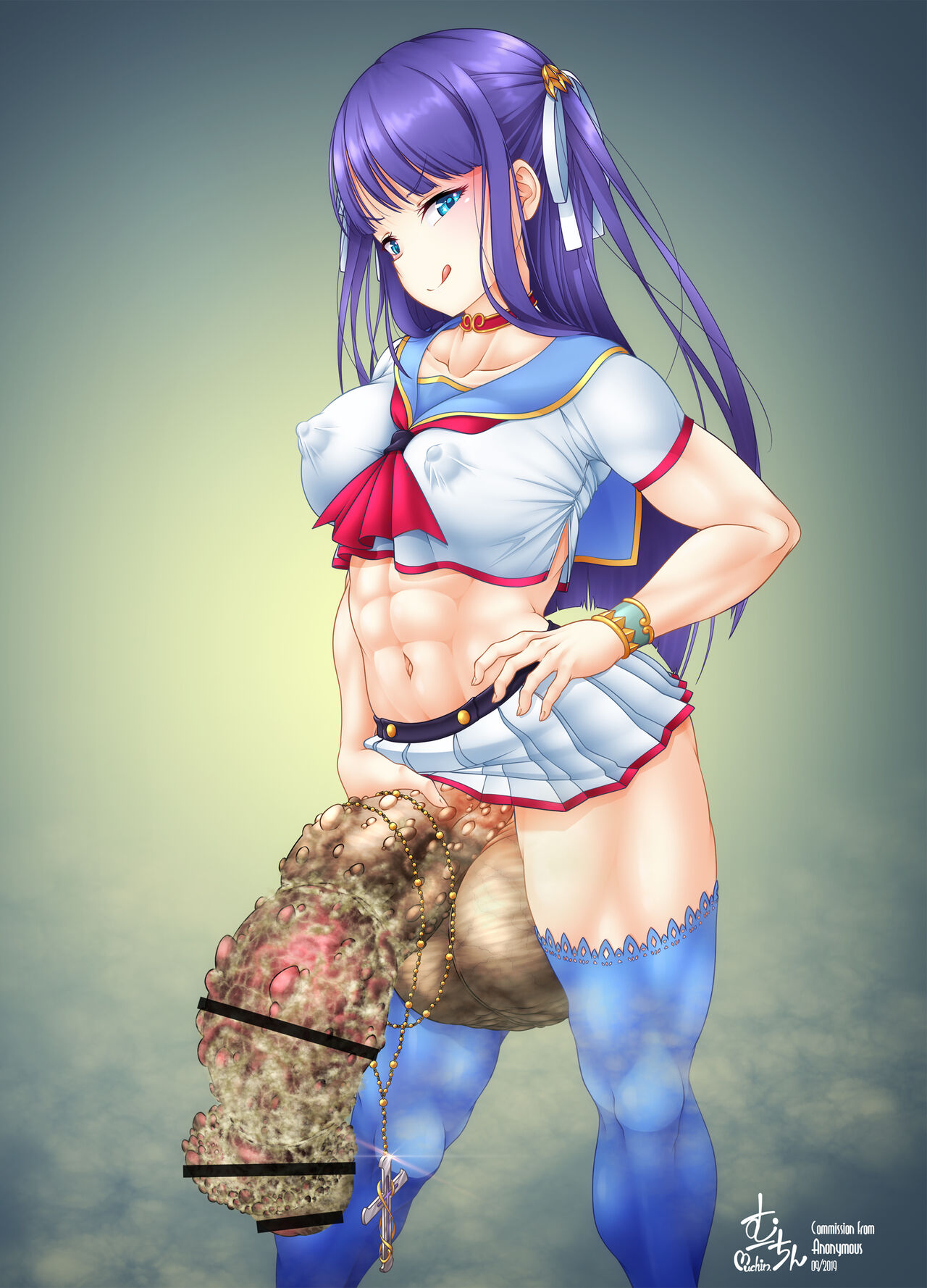 1futa abs alternate_version_at_source balls bangs big_balls big_breasts big_penis blue_eyes blue_hair bottomless breasts censored clothed clothing detached_foreskin erection fate/grand_order fate_(series) futa_only futanari genital_warts grotesque huge_balls huge_cock human light-skinned_futanari light_skin long_hair mostly_clothed muchin muscular muscular_futanari necklace penis purple_hair saint_martha smegma solo standing std thighhighs warts