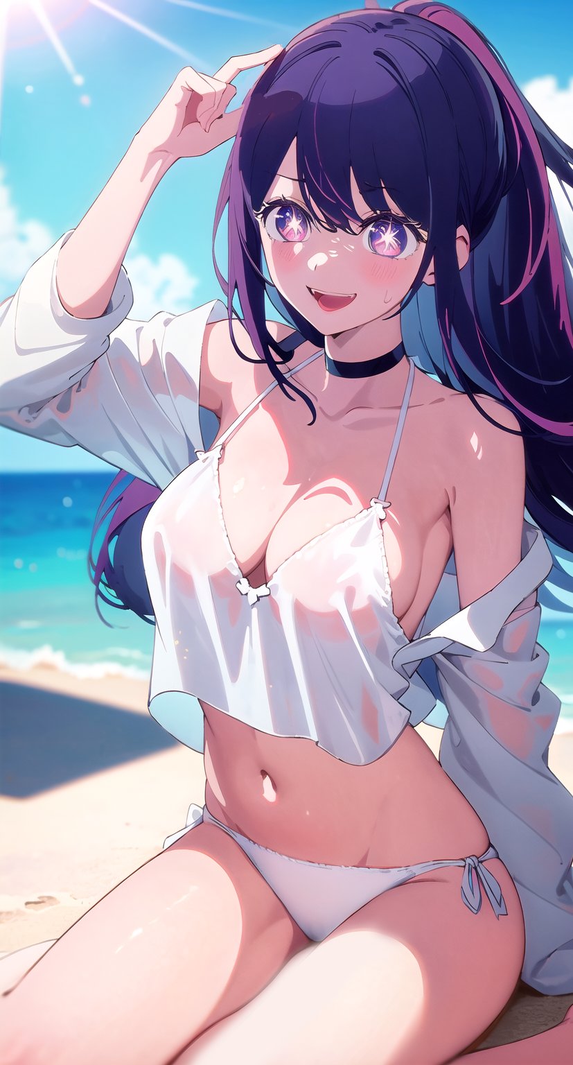 1girls, ai generated, beach, bikini, female, female only, hoshino ai, kneeling, oshi no ko, see-through, see-through clothing, sitting, smile, solo, wet clothes
