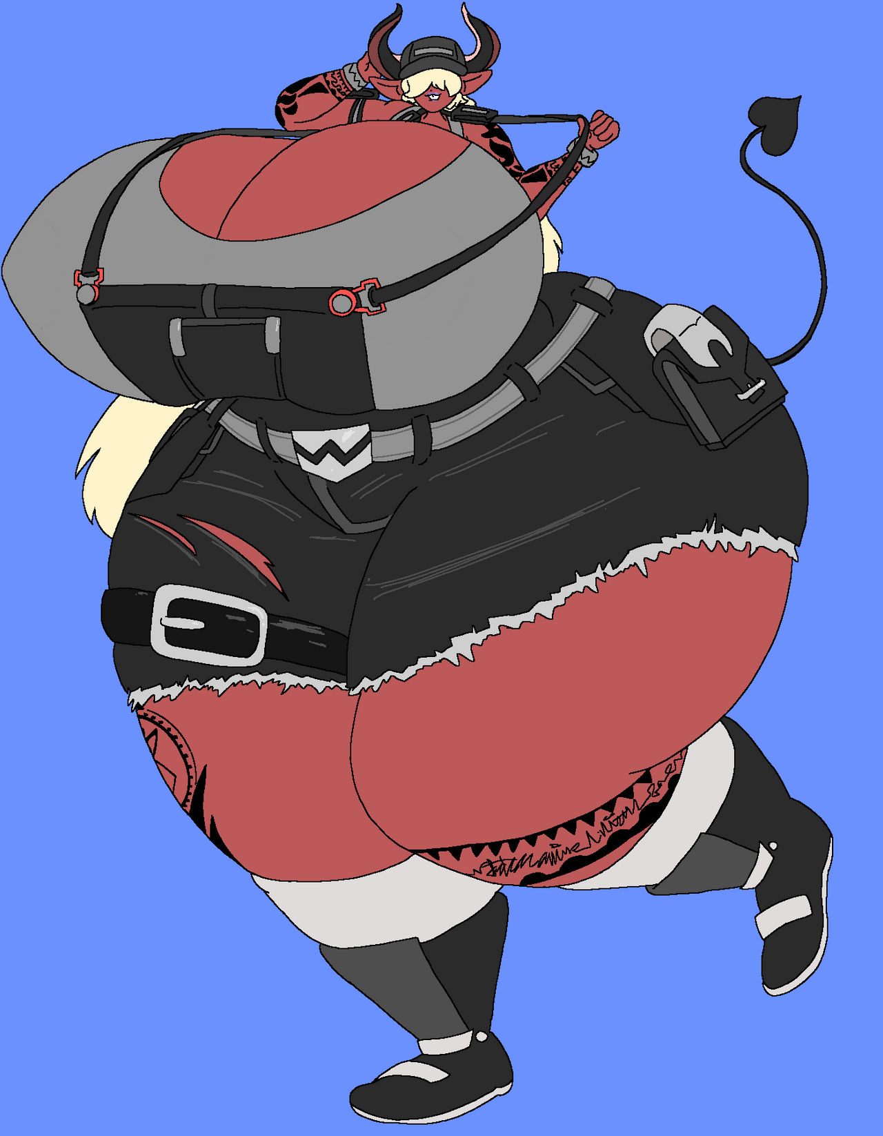 1girls, ass, bangs, bangs over eyes, big ass, big breasts, big thighs, breasts, busty, cleavage, demon, demon girl, demon horns, demon tail, fat ass, female, female focus, female only, fully clothed, giant breasts, gigantic breasts, hat, huge ass, huge breasts, huge hips, huge thighs, hyper, hyper ass, hyper breasts, hyper hips, hyper thighs, massive ass, massive breasts, massive thighs, overalls, queencurvy, red skin, round breasts, size fetish, smile, solo, tall female, tattoos, thick ass, thick thighs, white hair, wide hips