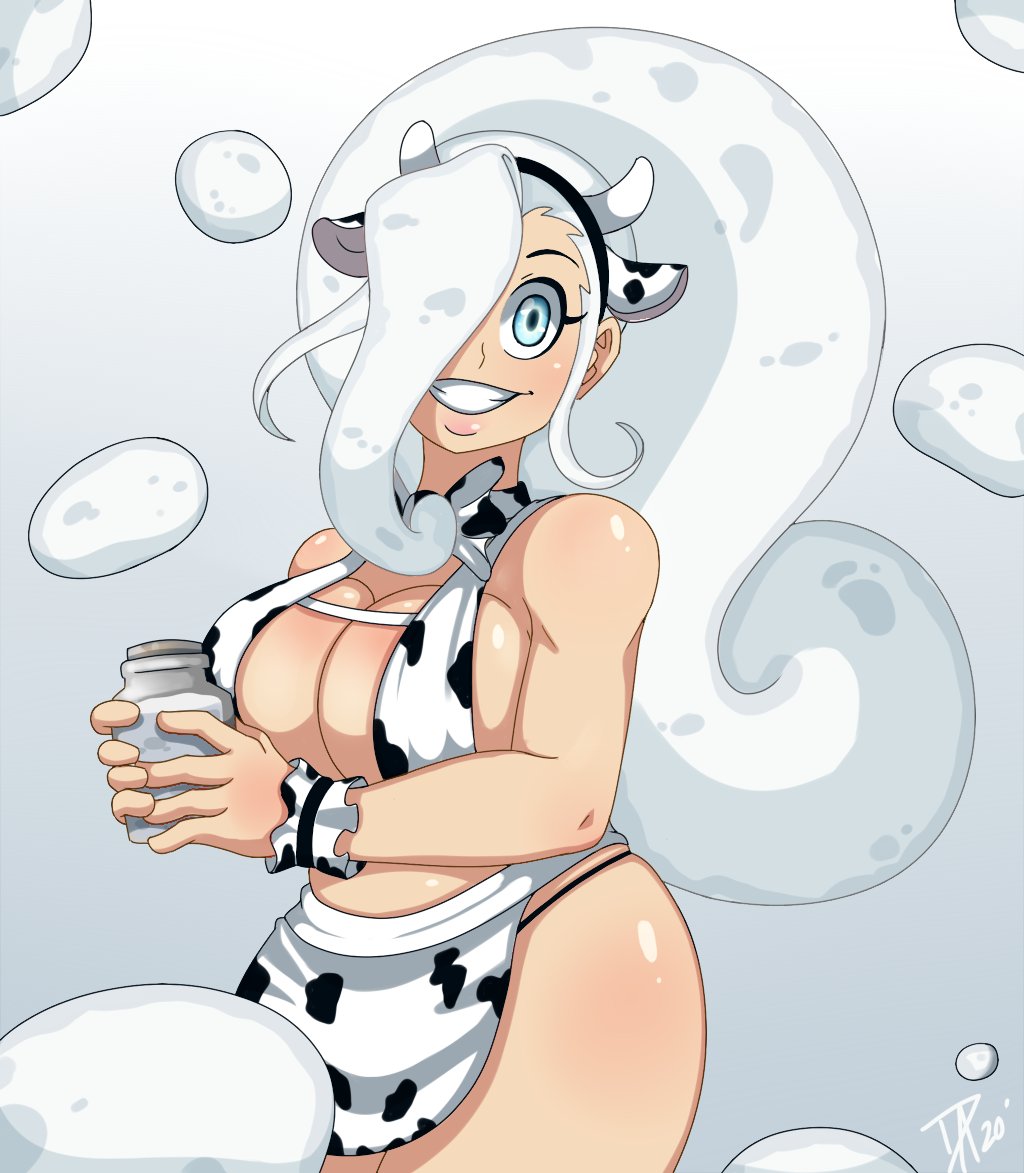 blue_eyes breasts character_request cleavage cow_print dalley_le_alpha female female_only hair_over_one_eye milk oc original original_character thick_thighs thighs tied_hair white_background white_hair