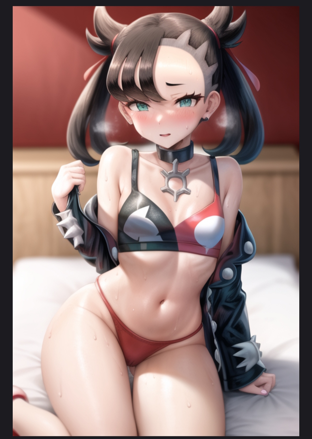 1girls, ai generated, black hair, blush, breasts, breath, female, female focus, female only, game freak, green eyes, marnie (pokemon), necklace, nintendo, pokemon, pokemon ss, pov, pov eye contact, sitting, small breasts, stable diffusion, sweat, swimsuit, tied hair, twintails, valdon