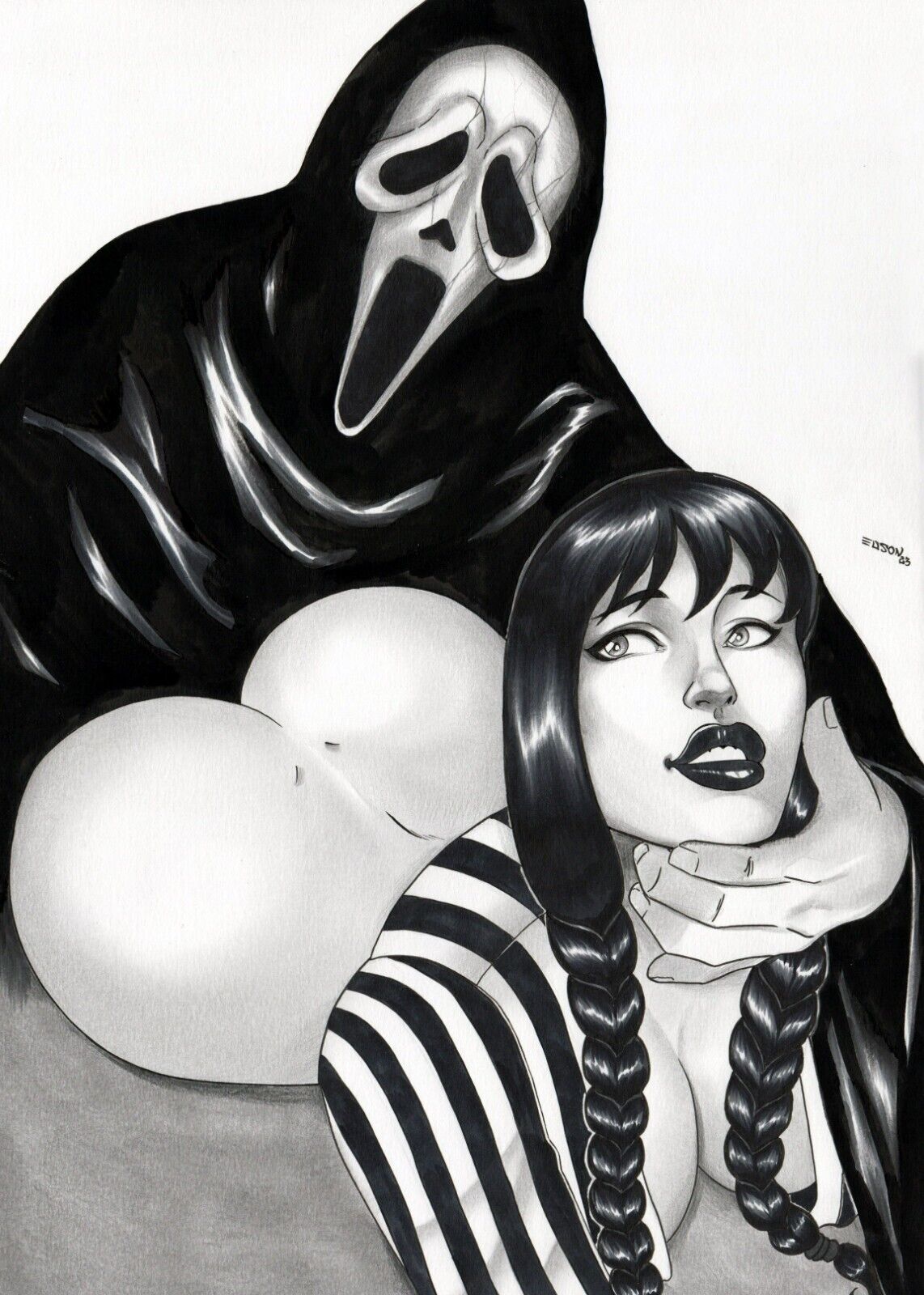 1boy, 1girls, 2023, ass, black fur, breasts, bubble ass, bubble butt, crossover, curvaceous, curvy body, curvy figure, ed benes studio, faceless male, female, female focus, ghostface, highres, huge breasts, male, scream (franchise), the addams family, voluptuous, voluptuous female, wednesday (netflix), wednesday addams, white background