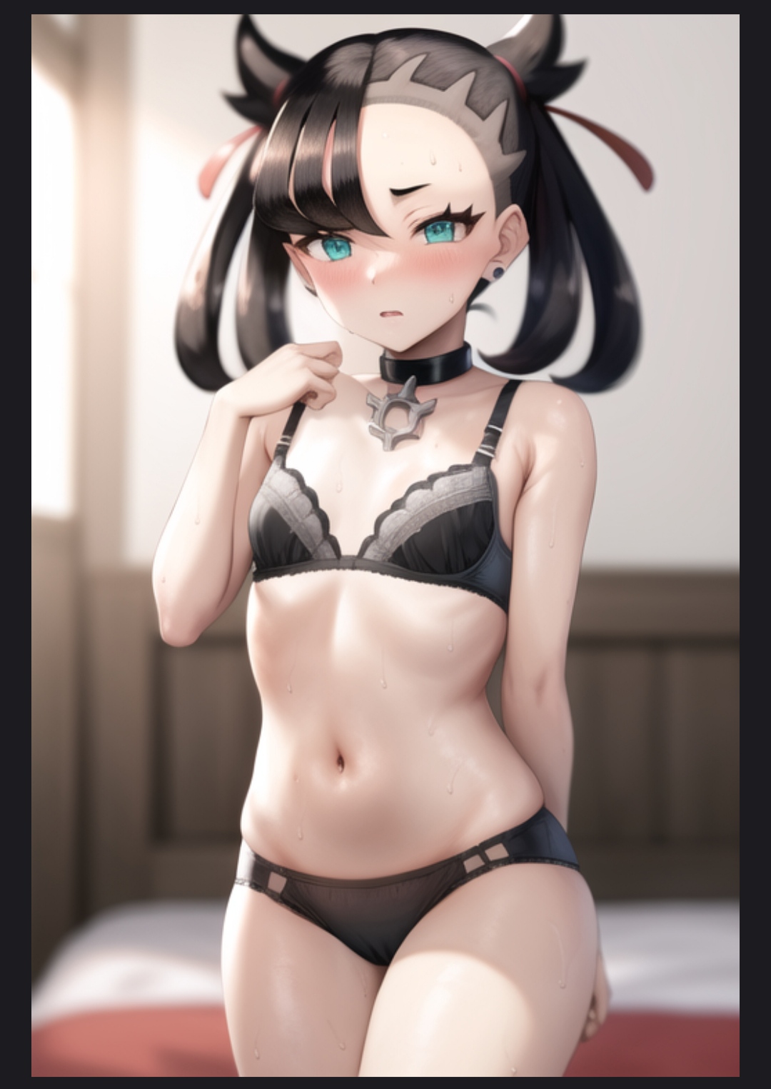 1girls, ai generated, black bra, black hair, black lingerie, black panties, blush, bra, breasts, breath, female, female focus, female only, game freak, green eyes, lingerie, marnie (pokemon), necklace, nintendo, panties, pokemon, pokemon ss, pov, pov eye contact, small breasts, stable diffusion, sweat, tied hair, twintails, valdon