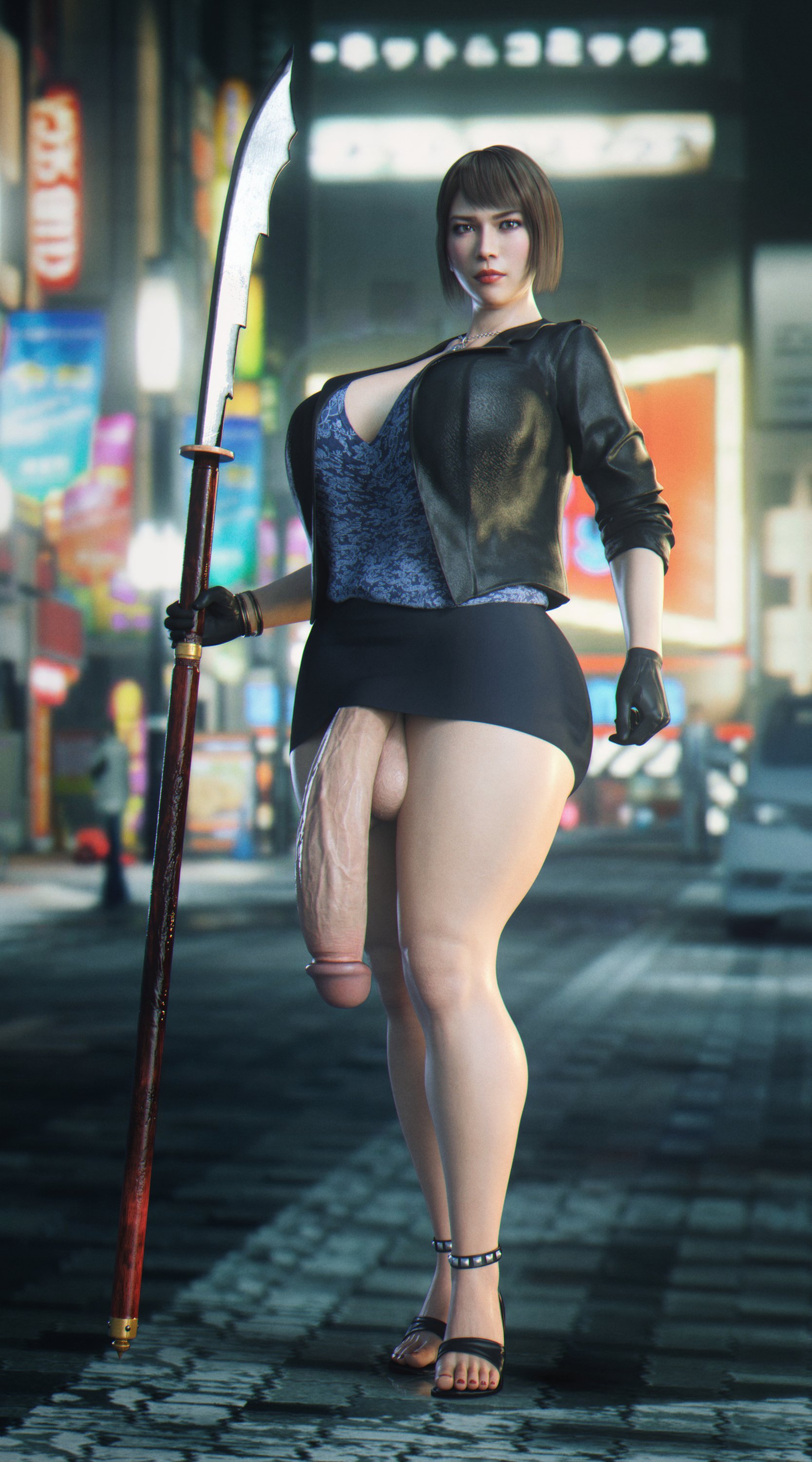 1futa, 3d, balls, big breasts, breasts, casual, casual exposure, casual nudity, clothing, futa only, futanari, huge cock, human, ineffective clothing, ineffective skirt, intersex, large breasts, mostly nude, pale skin, penis, public, ryuu ga gotoku, saeko mukouda, solo, stevencarson, testicles