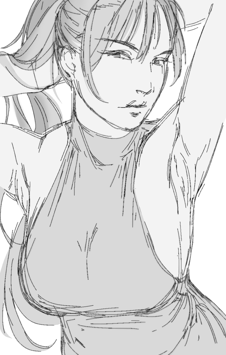 1girls armpit_fetish armpits bare_arms bare_shoulders big_breasts black_hair breasts dota_(series) dota_2 female female_only hands_behind_head inviting long_hair looking_at_viewer phantom_assassin ponytail popisya self_upload sketch smile solo solo_female