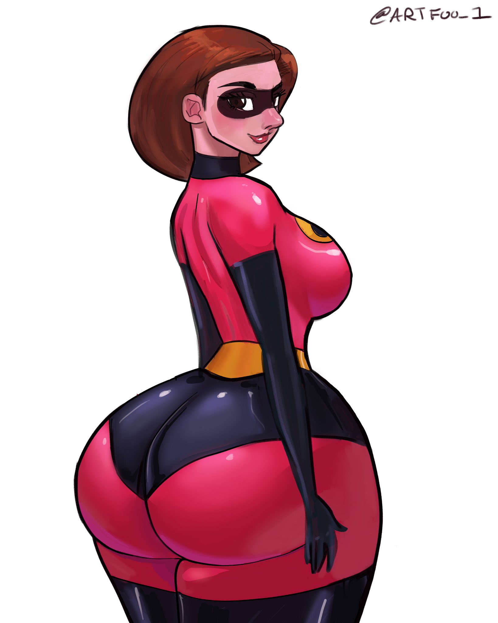 1girls, artfoo 1, ass, big ass, bodysuit, breasts, disney, elastigirl, female, female only, helen parr, hi res, highres, hourglass figure, large ass, looking at viewer, looking back, looking back at viewer, mask, milf, pixar, sideboob, smooth skin, solo, solo female, the incredibles, thick ass, white background, wide hips