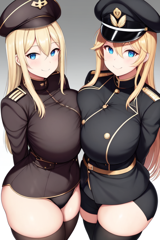 2girls ai_generated arms_behind_back blonde_hair brown_hair curvy_female female female_only hat huge_ass long_hair looking_at_viewer military_clothing original_characters simple_background smiling stockings thick_thighs