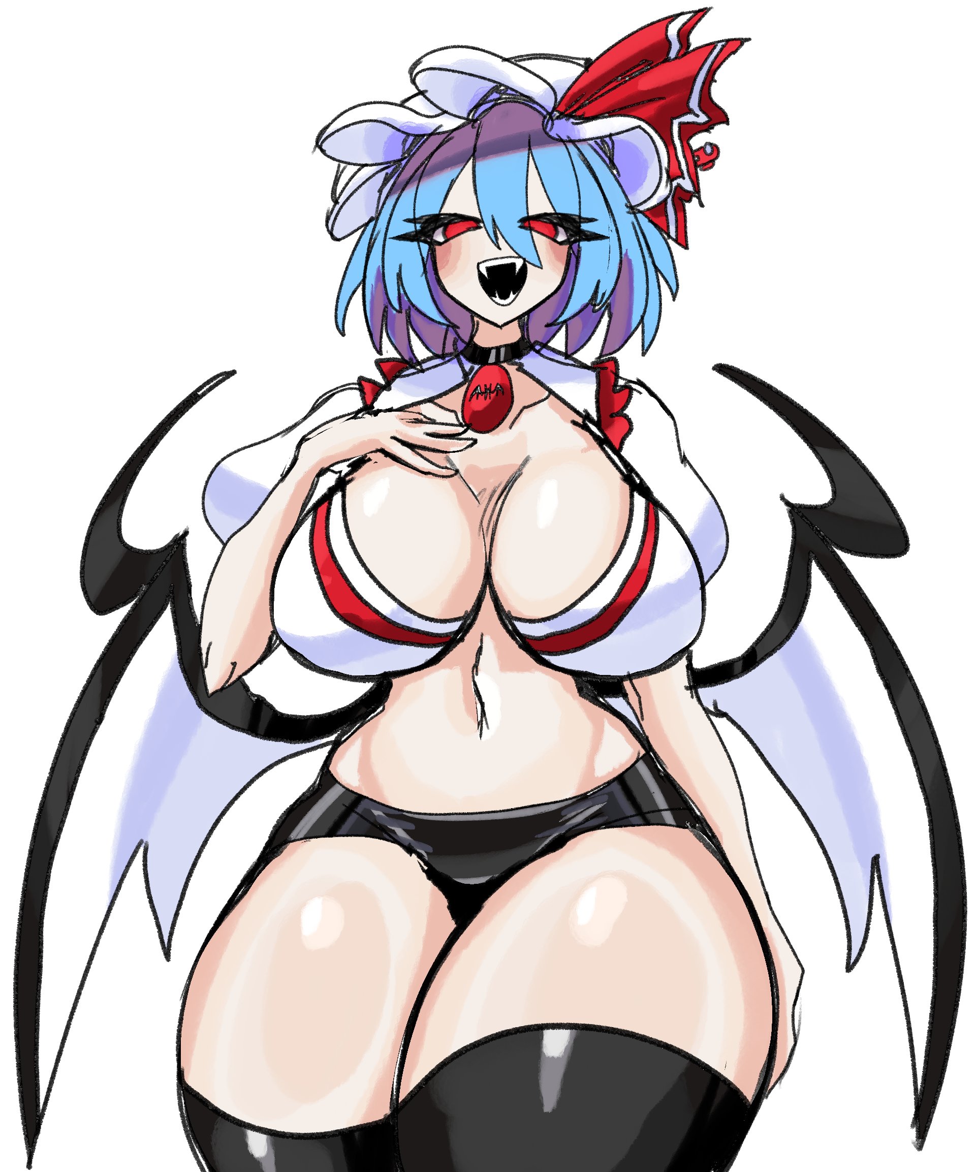 1girls, aged up, bat wings, big breasts, blue hair, breasts, exposed midriff, fanart, fangs, female, female only, hand on breast, hat, looking at viewer, midriff, open mouth, red eyes, remilia scarlet, short hair, solo, thick thighs, thighs, touhou, touhou project, vampire, vampire fangs, vampire girl, wings, ziffern