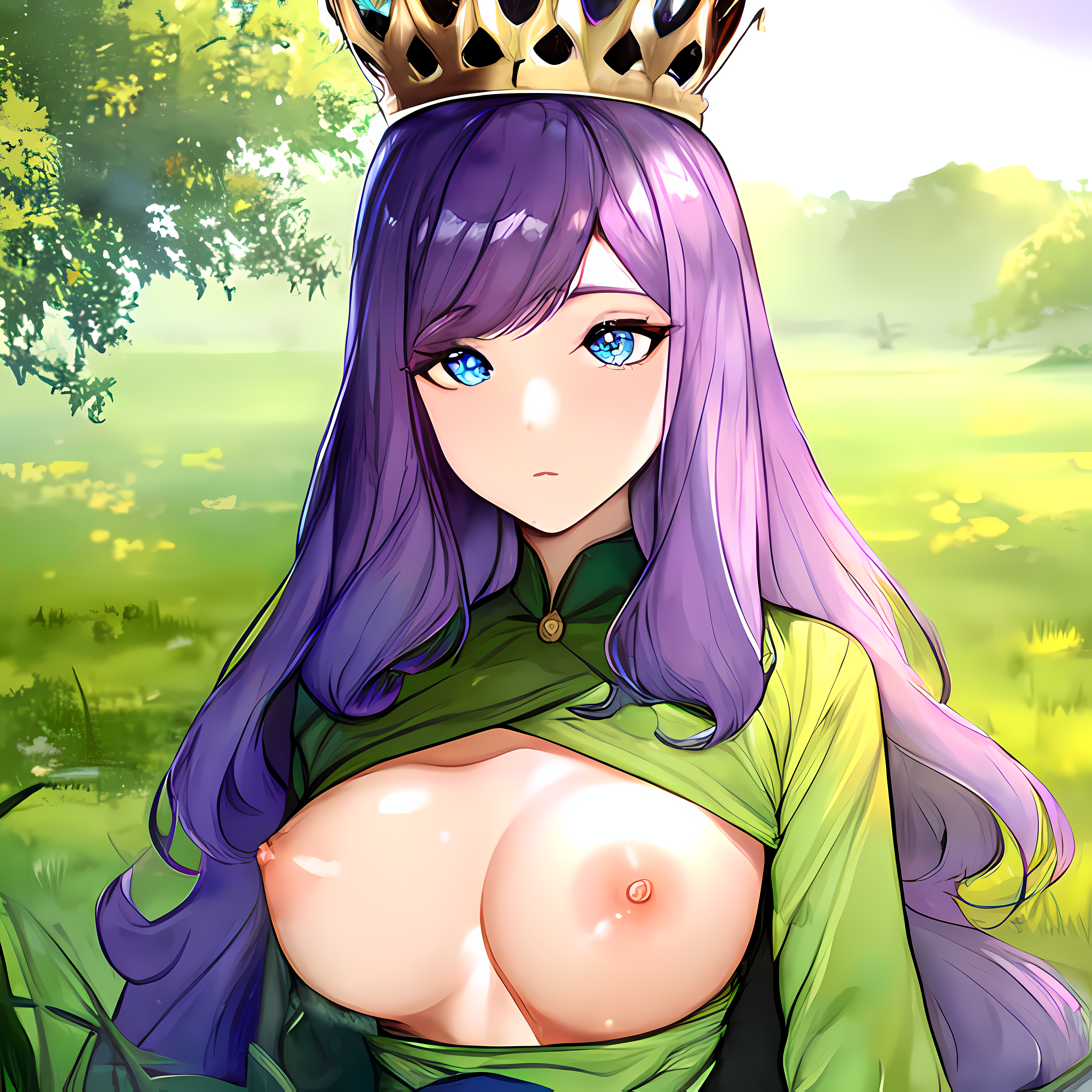 1girls, ai generated, archer queen (clash of clans), big breasts, breasts, breasts out, clash (series), clash of clans, clash royale, clothed, clothed female, clothing, crown, female, female only, fully clothed, fully clothed female, highres, looking at viewer, nipples, partially clothed, partially clothed female, purple hair, solo, solo female, stable diffusion